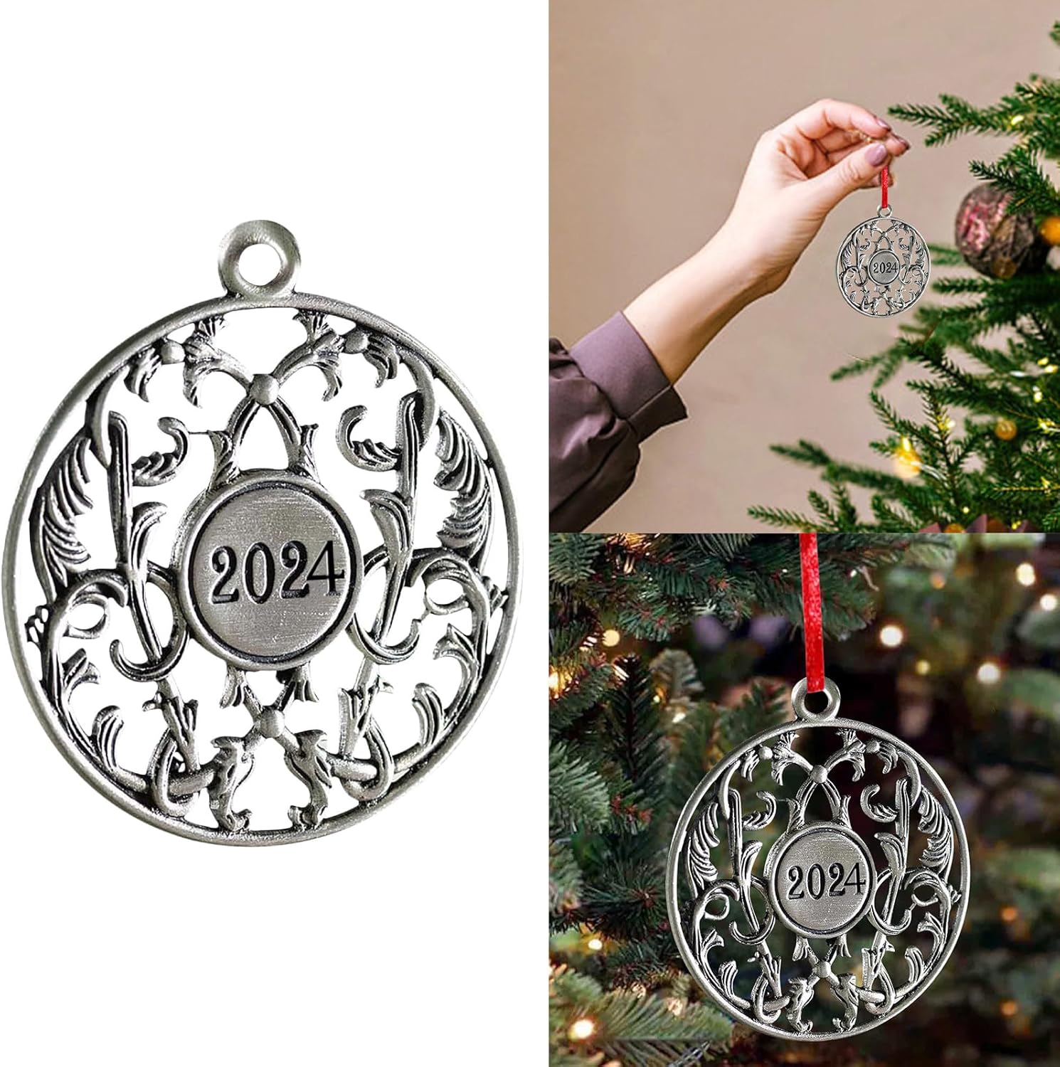 Adorno para árbol de Navidad de peltre sólido 2024, adornos de árbol de Navidad de peltre hecho a mano, decoración colgante para manualidades en
