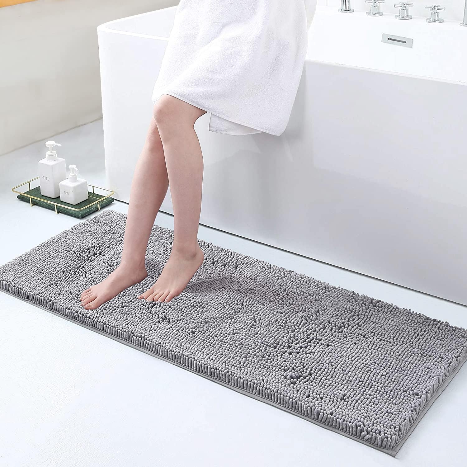 smiry – Lujosa alfombra de baño de felpilla, extra suave y absorbente, lavable a máquina, antideslizante para bañera, ducha y cuarto de baño (47 x