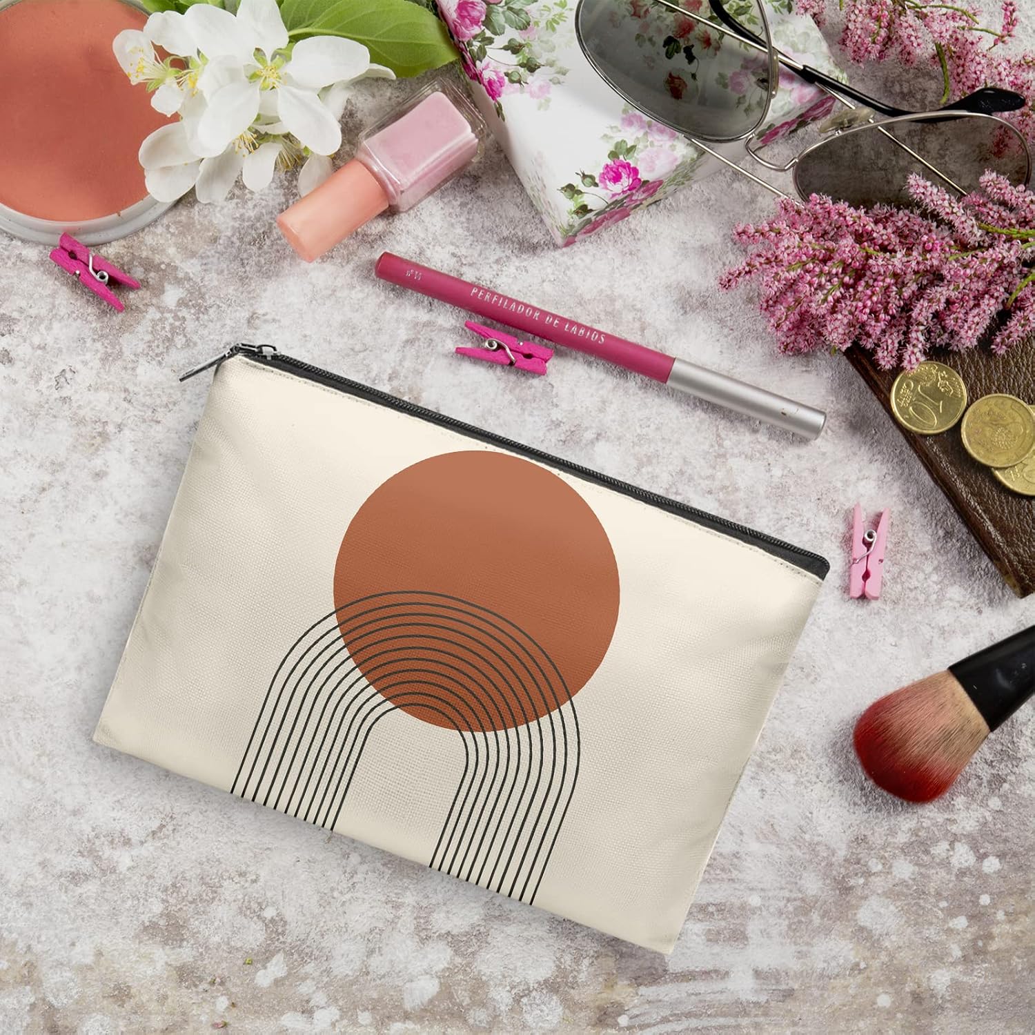 Bolsas de maquillaje de lunares en blanco y negro, patrón circular, bolsa de cosméticos, bolsa de aseo de viaje para mujeres y niñas, Redonda