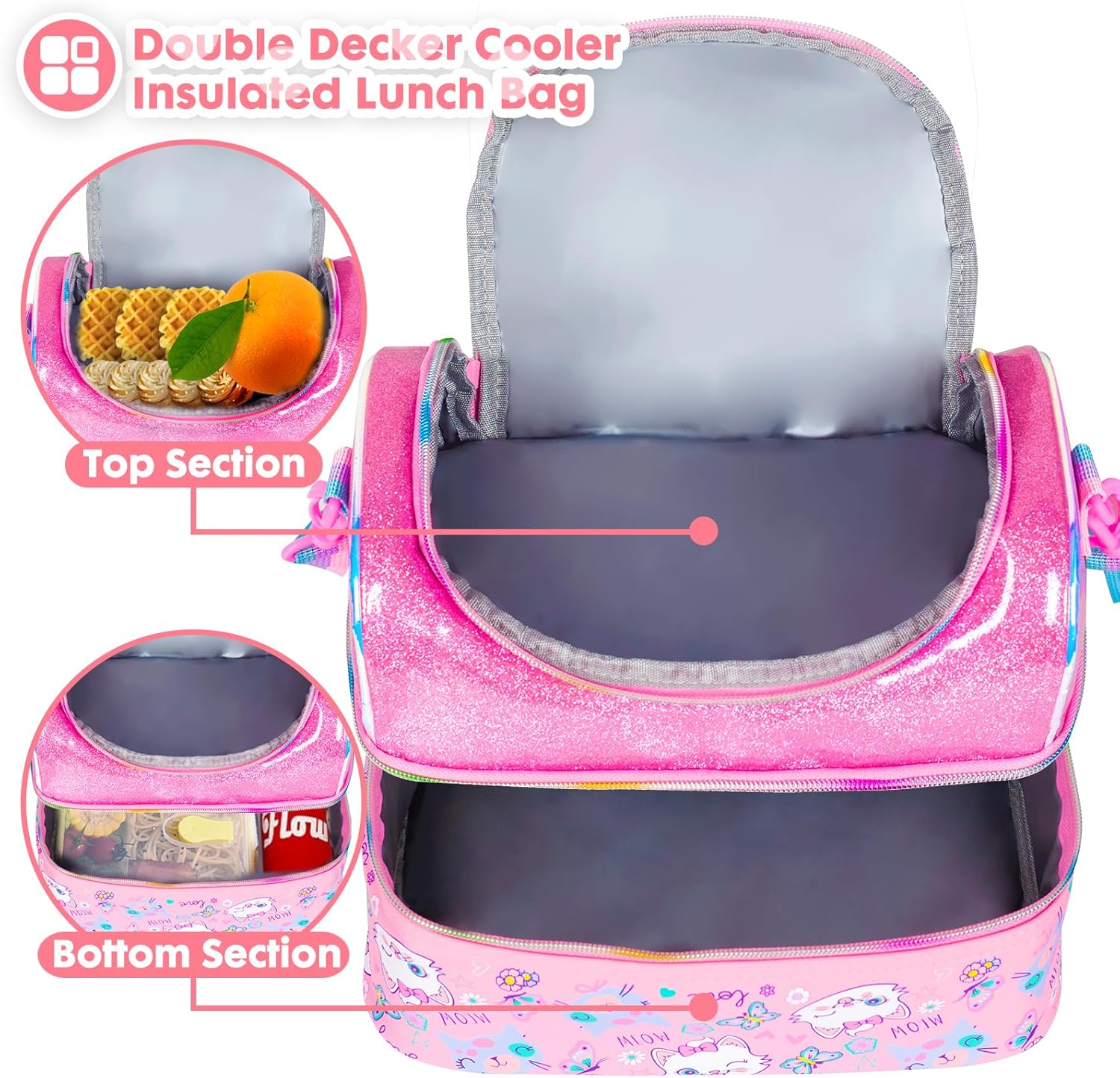 Bolsa de almuerzo aislada de dos pisos para niños, niñas, hombres, mujeres, con correa ajustable, gato