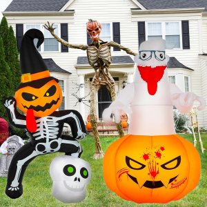 2 piezas inflables de Halloween de 5 pies, decoración de esqueleto de calabaza fantasma, Halloween con luces LED integradas para decoración de 2 piezas inflables de Halloween de 5 pies, decoración de esqueleto de calabaza fantasma, Halloween con luces LED integradas para decoración de