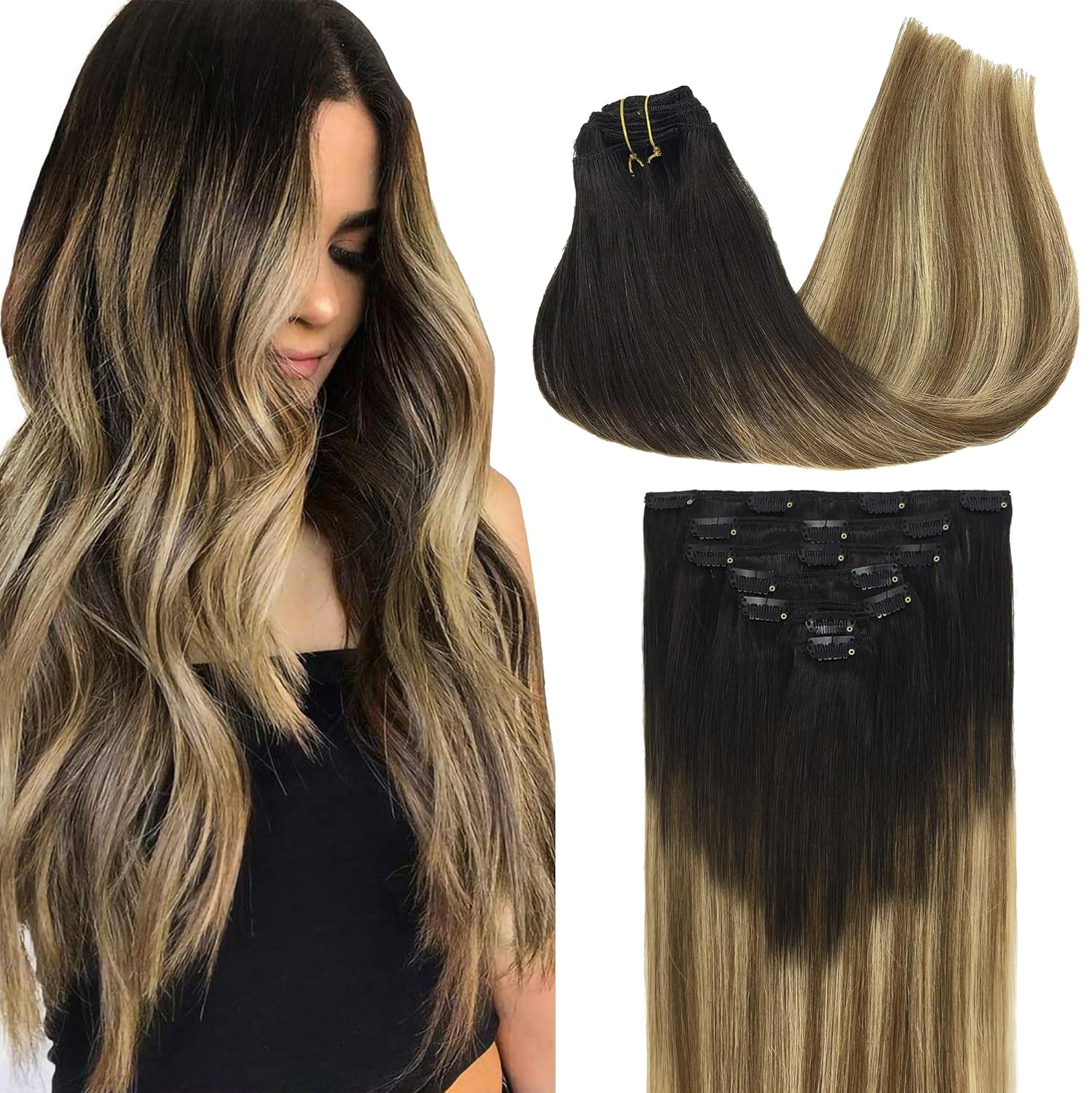 GOO GOO – Extensiones de cabello humano Remy con clip en ombré color castaño oscuro a castaño y rubio sucio de 22 pulgadas, 7 piezas de 4.23oz