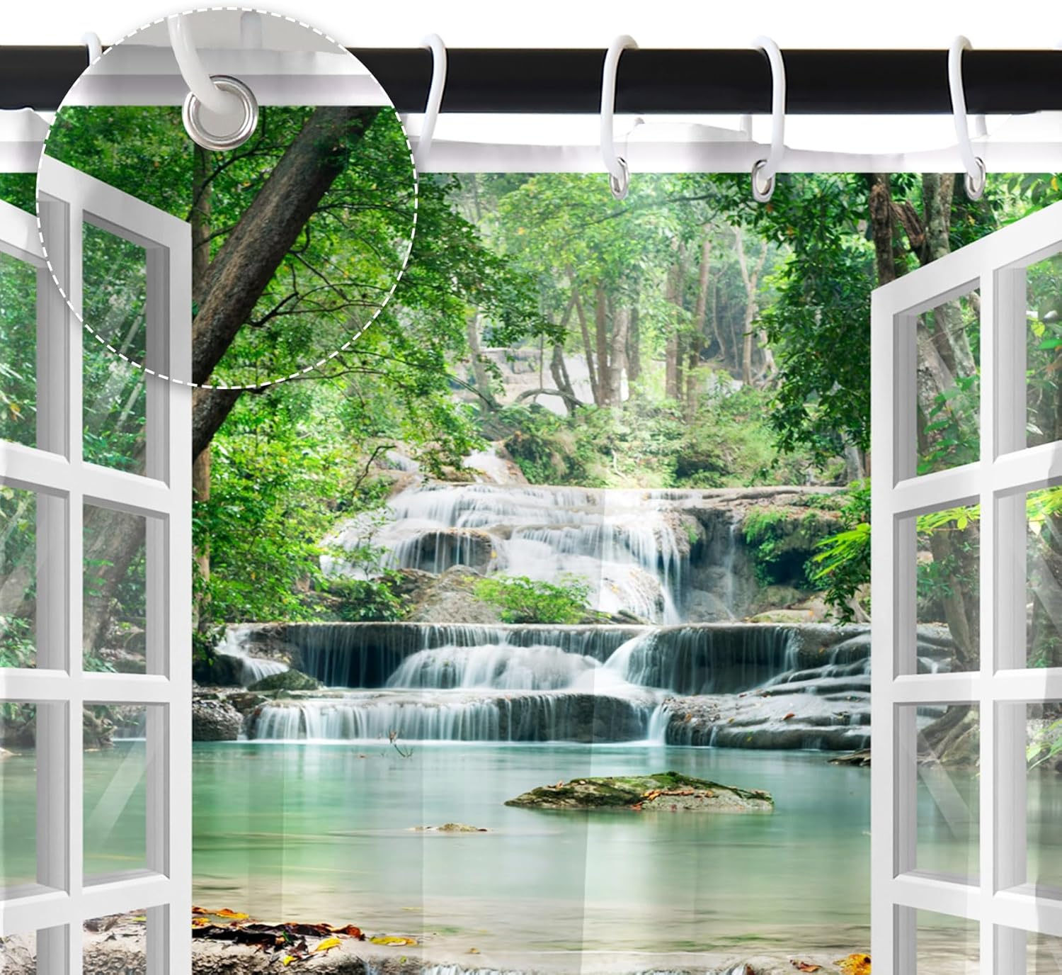 Renaiss Cortina de ducha de cascada de bosque de 72 x 72 pulgadas, diseño de bosque verde, agua, lago, selva tropical, selva, blanco, ventana de
