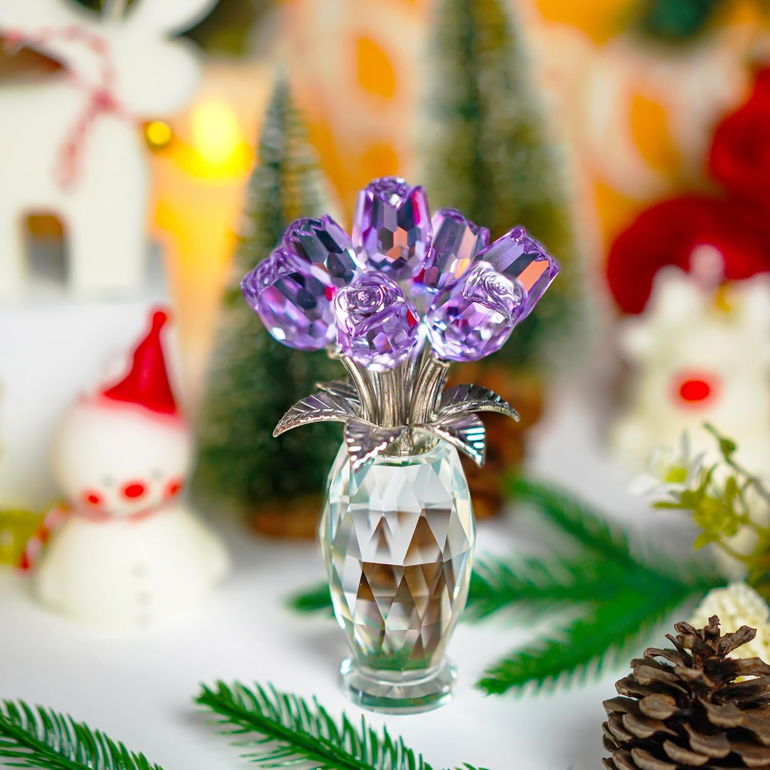 H&D HYALINE & DORA Figura de flores moradas de cristal, regalos de rosas para mamá, esposa, abuela, adorno coleccionable de flores de cristal, Día
