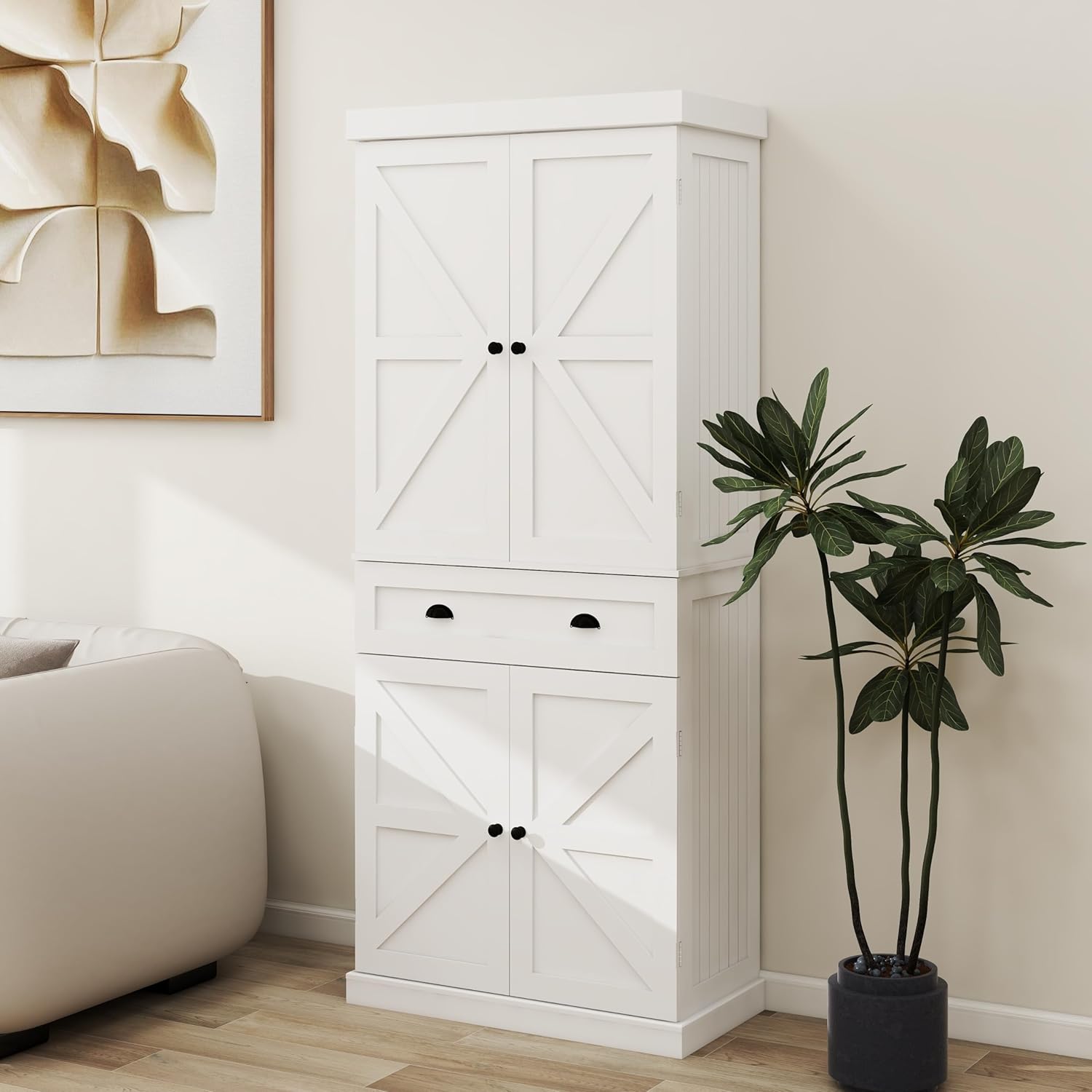 Locsear Armario de despensa de 71 pulgadas de alto con cajón y 4 puertas, armario de almacenamiento versátil con estantes ajustables para cocina,
