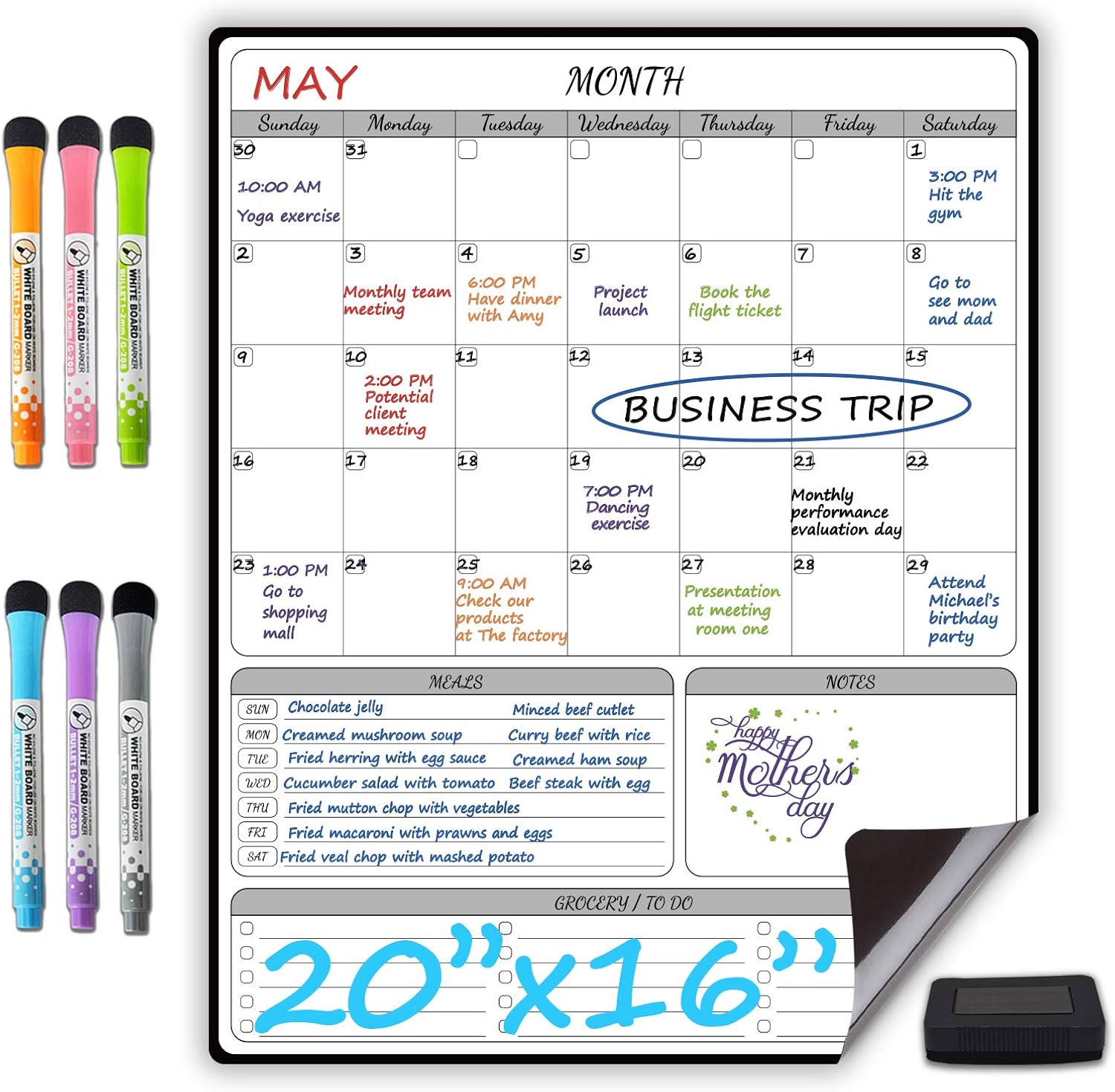 JJPRO Calendario mensual magnético grande de borrado en seco para nevera, 16 x 20 pulgadas, calendario mensual, planificador de comidas y
