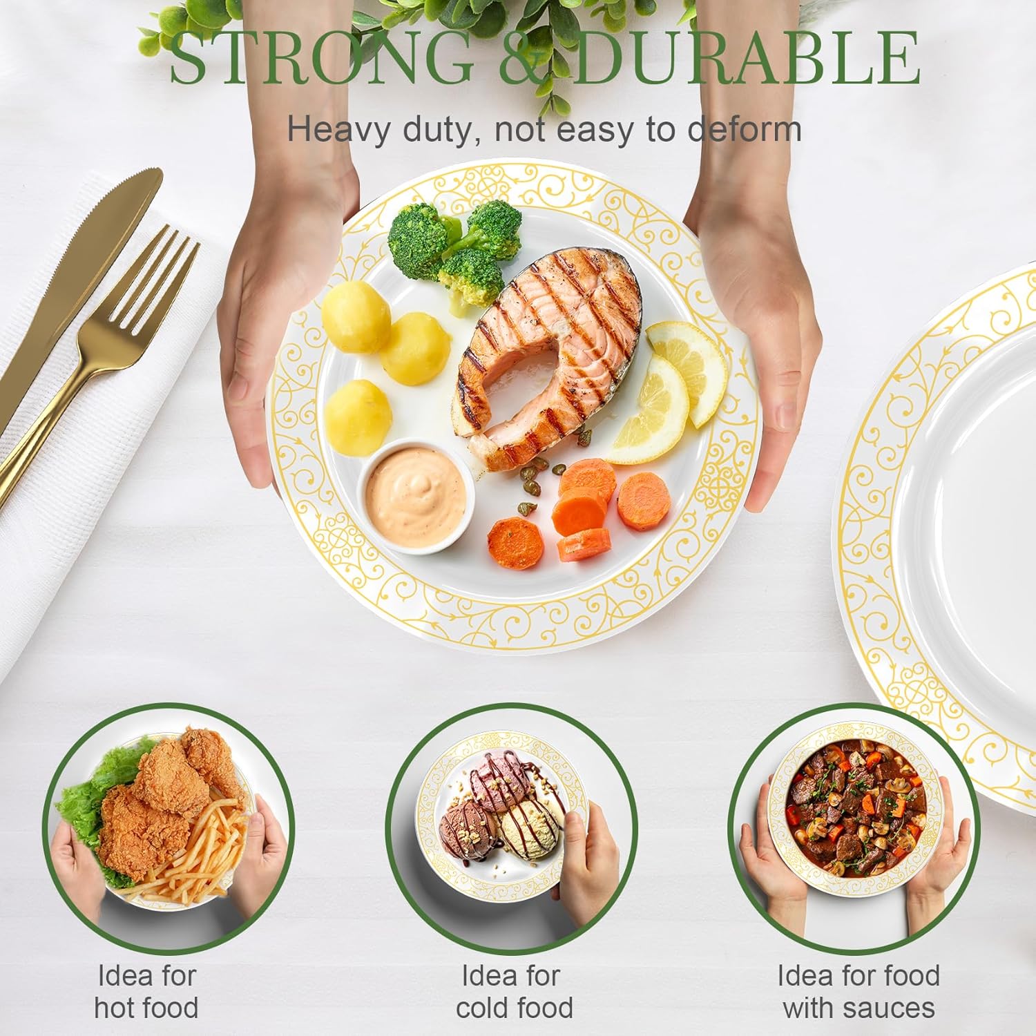 GreenElevate Platos de plástico, 150 platos desechables de plástico para 25 invitados 25 platos llanos, 25 platos de postre, 25 tenedores, 25