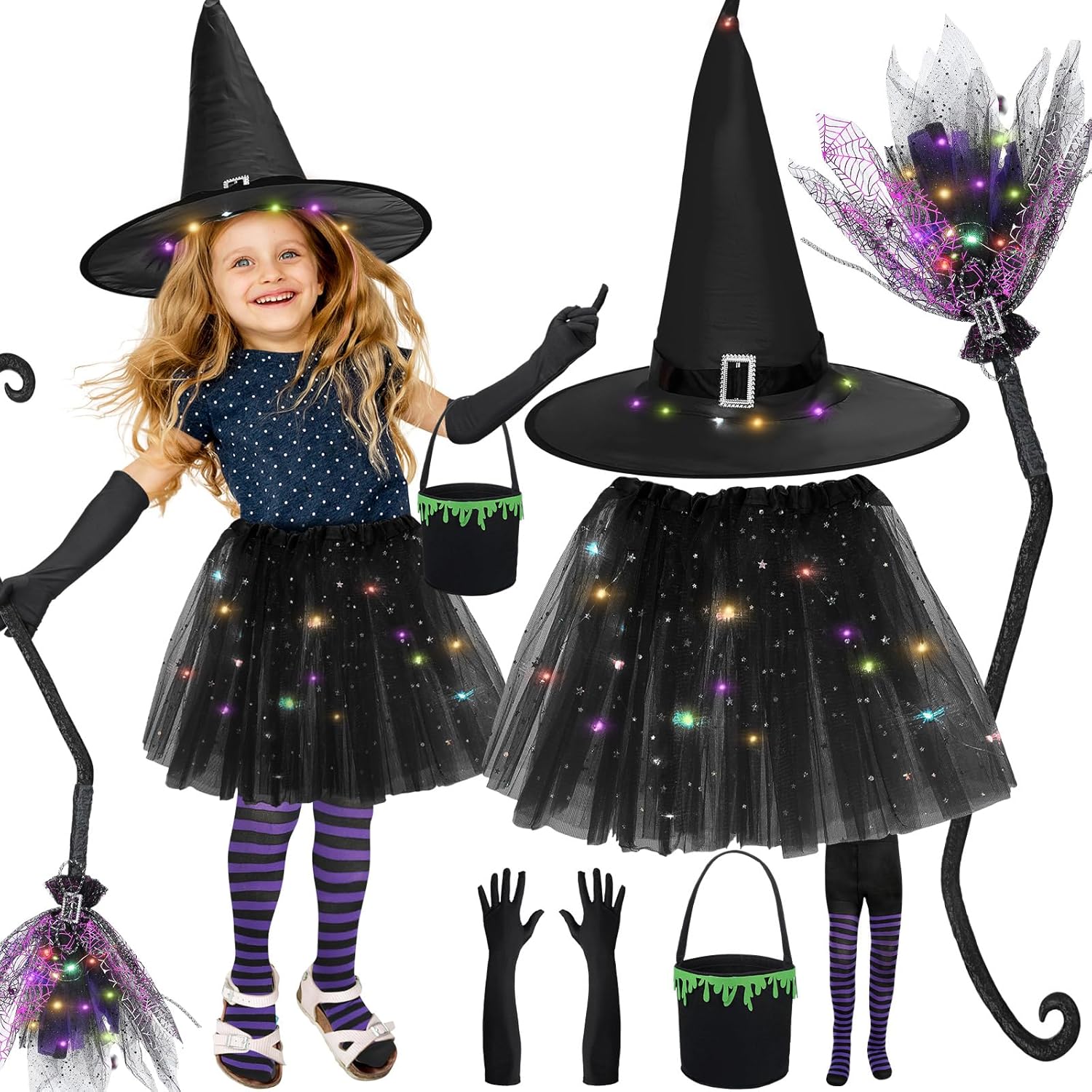 Bonuci Juego de 6 piezas de disfraz de bruja para niños, falda tutú con luz LED, sombrero de bruja, guantes, escoba y medias a rayas, caldero para