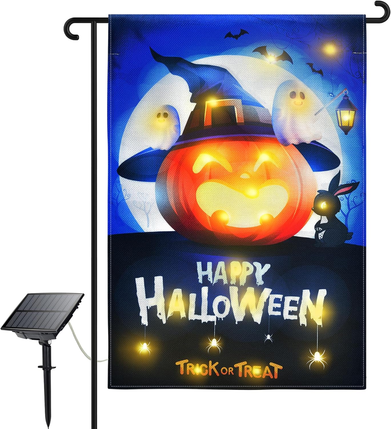 NEVIRIGE Bandera de jardín intermitente de Halloween, bonita bandera iluminada con diseño de fantasma de calabaza para decoraciones de Halloween,