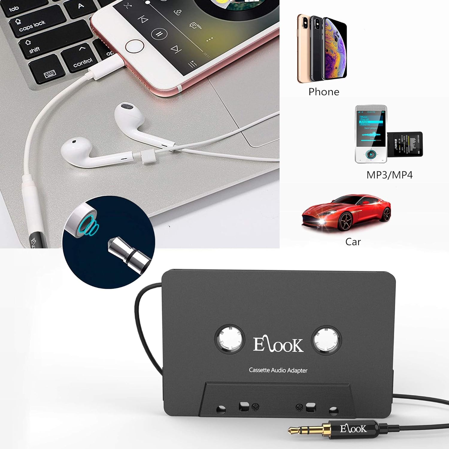 Elook Kit de adaptador auxiliar de casete para coche, incluye un smartphone a adaptador de conector de auriculares de 0.138 in, color negro