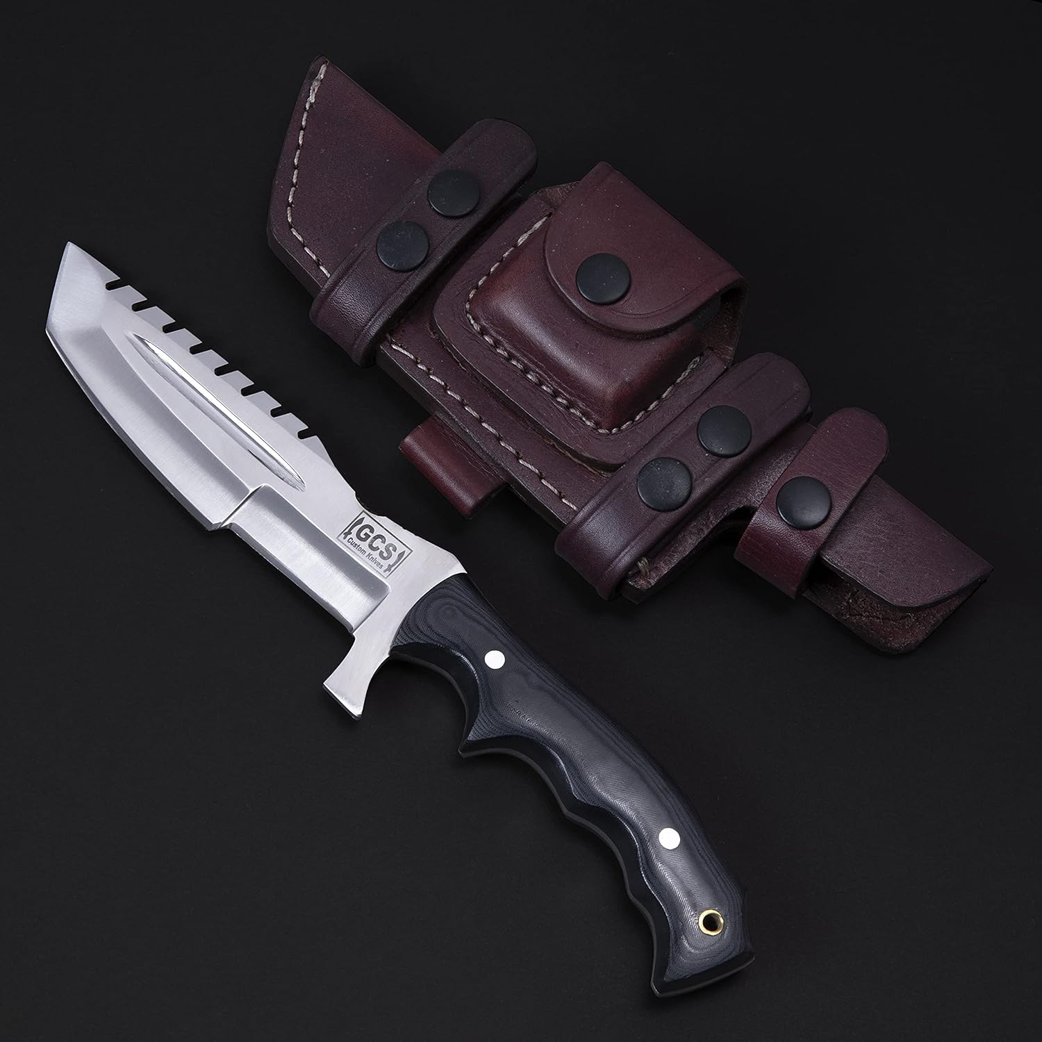GCS – Cuchillo de caza hecho a mano D2, cuchillo de caza de acero G10, cuchillo de hoja fija, mano derecha, Scout, llevar funda de piel de búfalo y