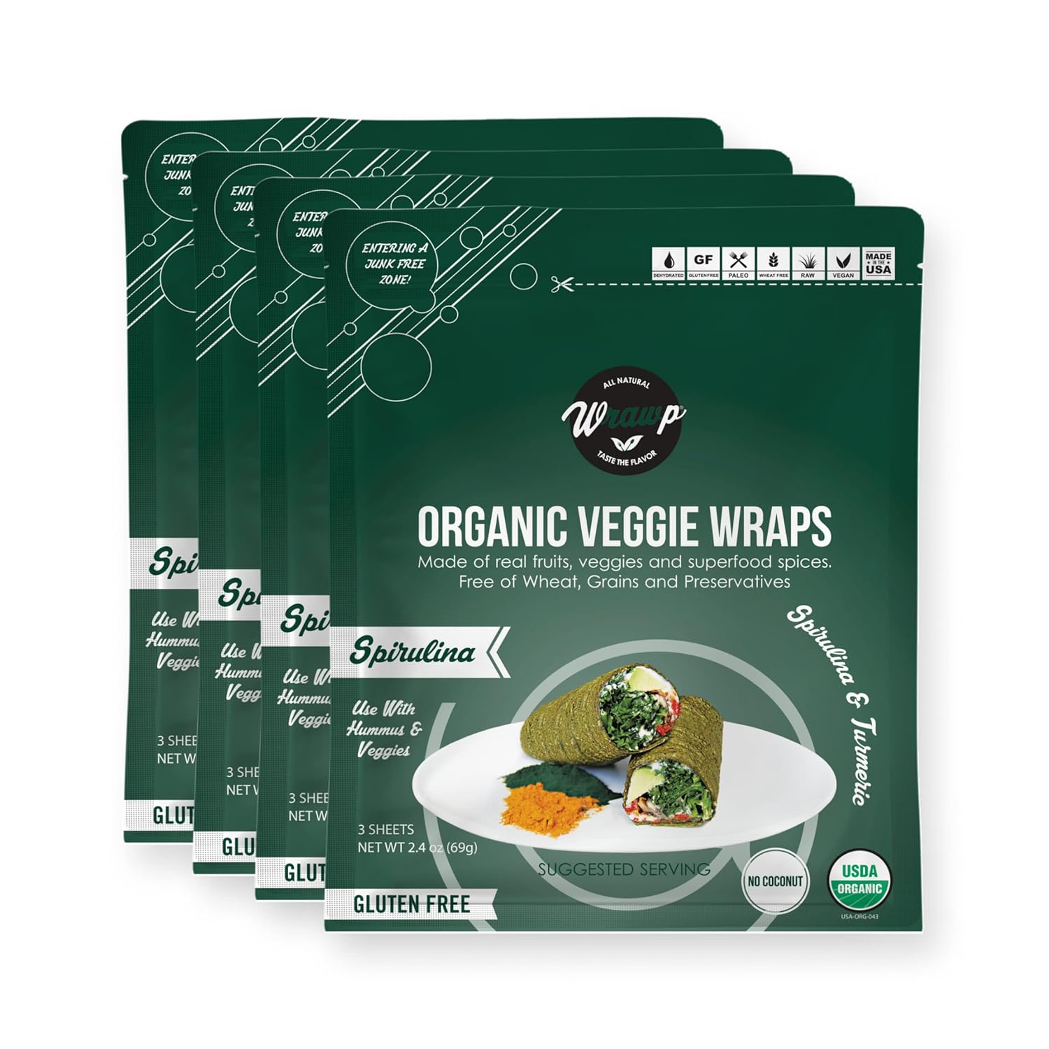 Wraw P Organic Mini Veggie Wraps – SPIRULINA (paquete de 4) ESTABLES EN ESTANTE, todo natural, sin gluten, paleo, vegano crudo. Perfecto para
