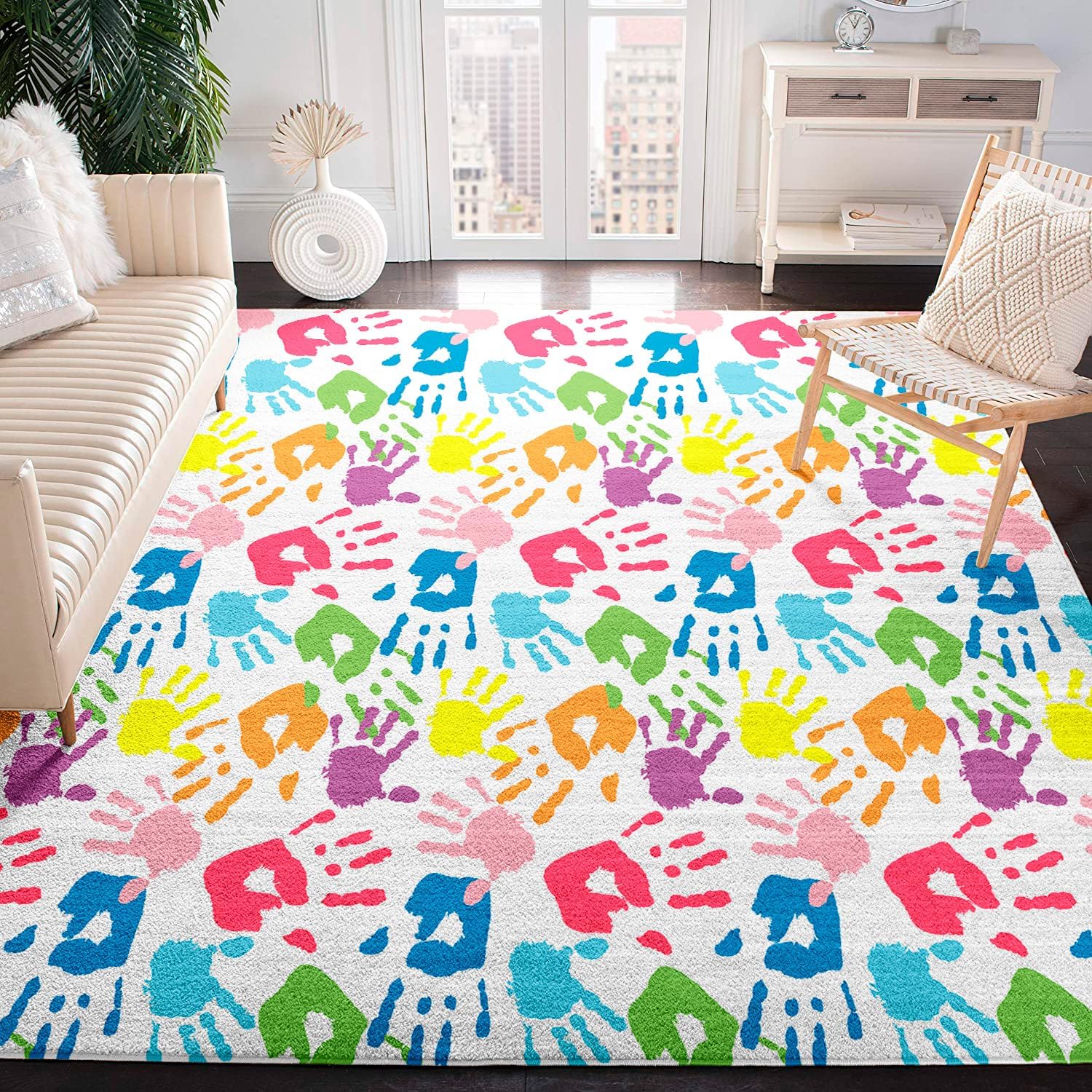 Alfombra colorida con estampado de manos para niños, para sala de juegos, aula, guardería, bonita alfombra de piso de 8 x 10 pies