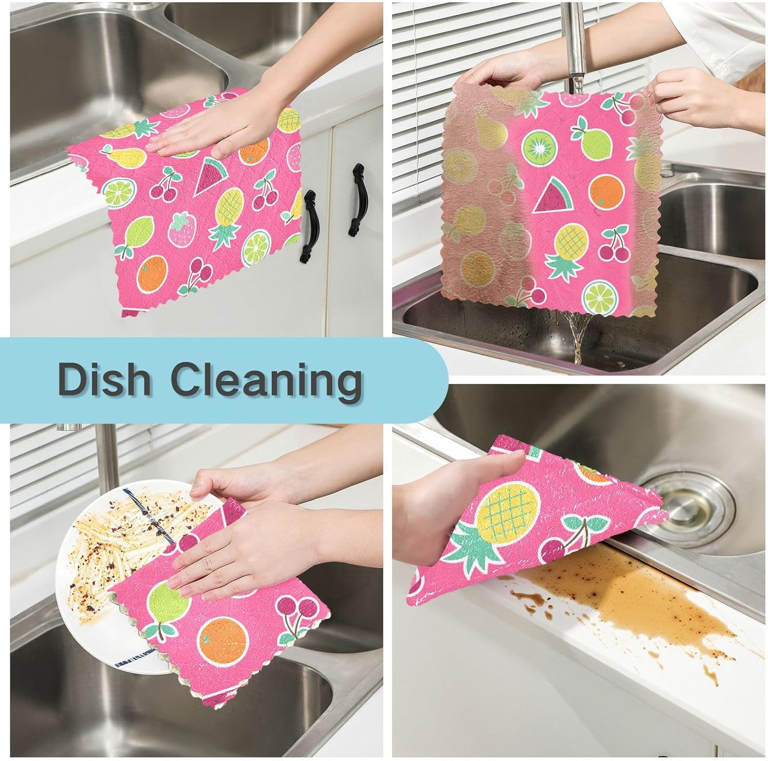 Pink Tropical Fruits Soft Print Microfiber Kitchen Dish Towels Fast Drying Set of 6 Dish Tea Towels for Restaurant Sink