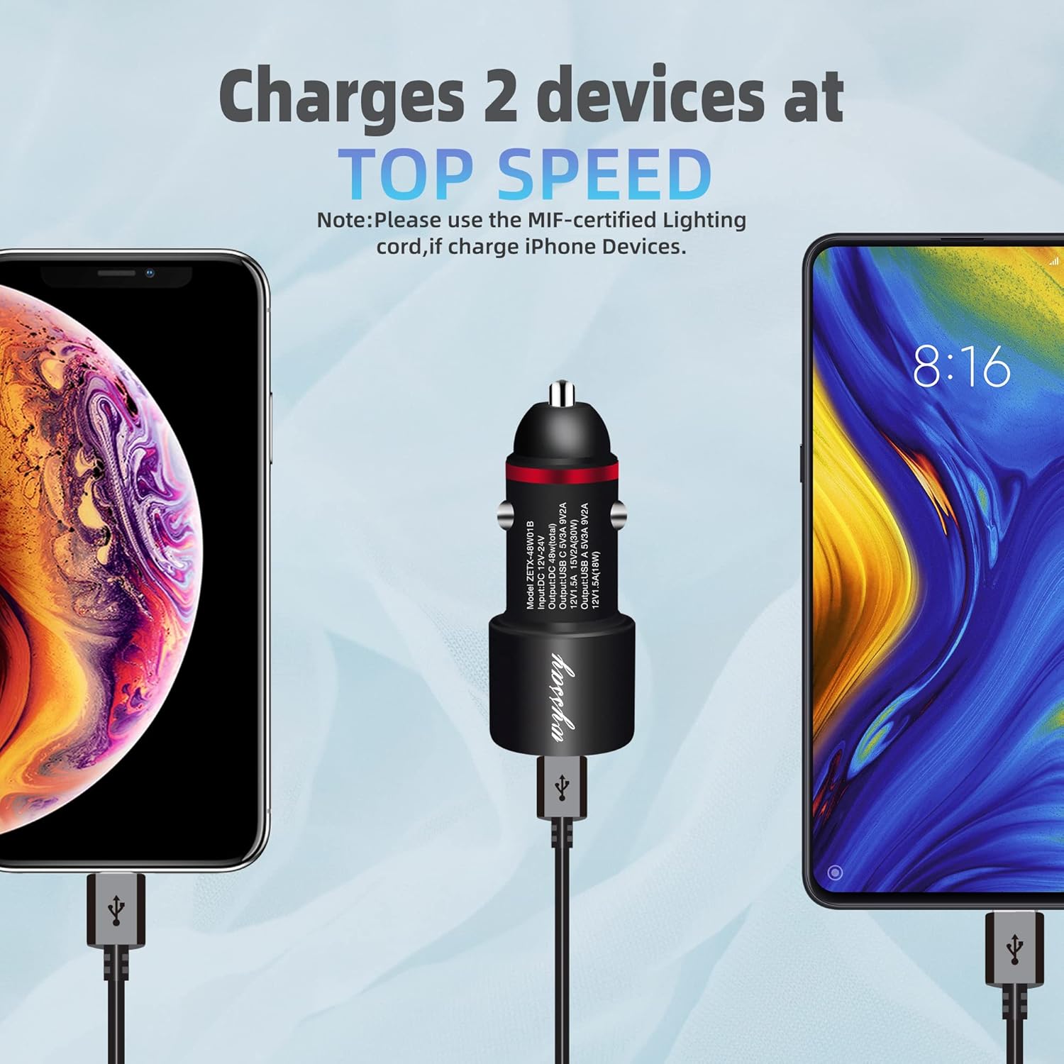 Wyssay Paquete de 1 cargador rápido de automóvil USB C de 48 W, adaptador de cargador de coche USB PD&QC 3.0 de doble puerto, cargadores de