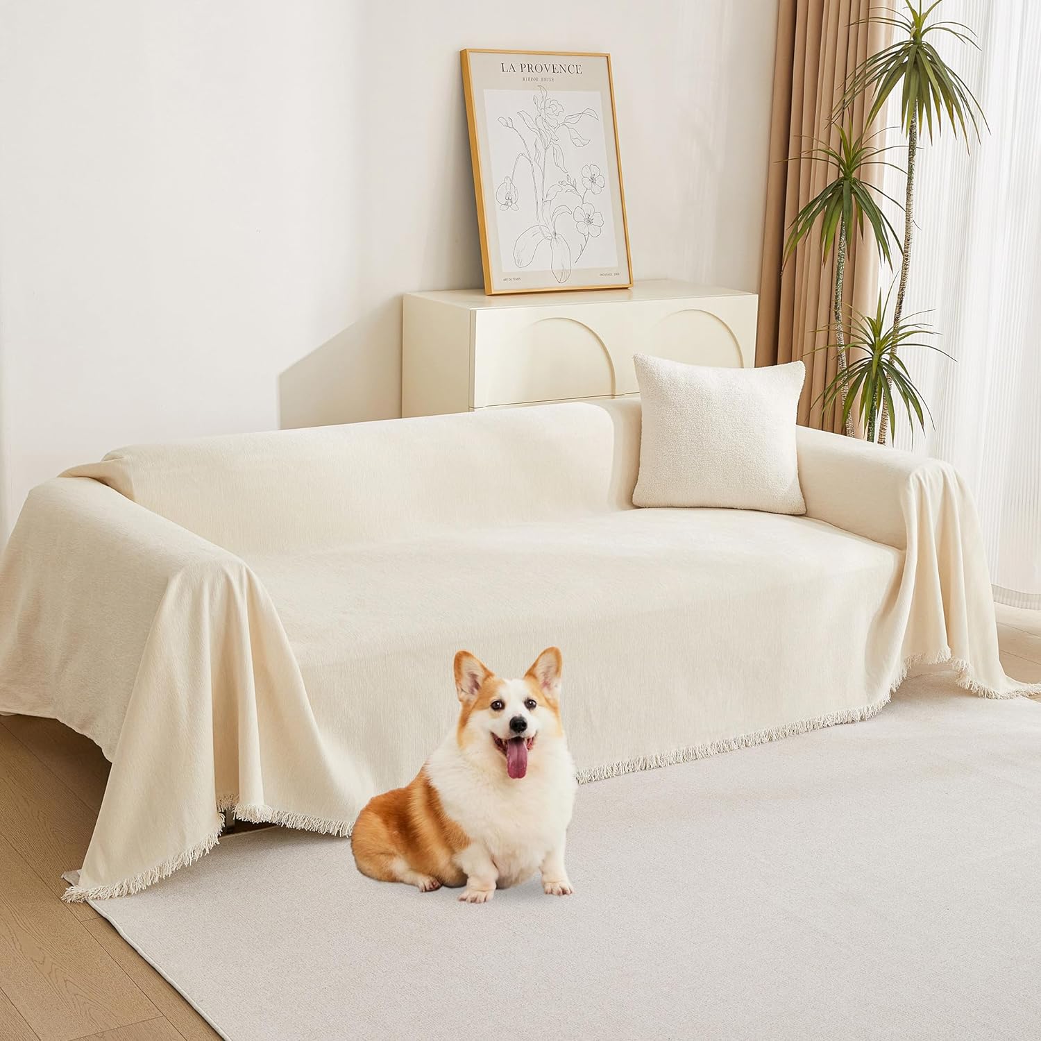 MYSKY HOME Funda de sofá biplaza, funda beige para sofá modular de 2 cojines, funda de sofá gruesa y universal de felpilla con borlas, protector