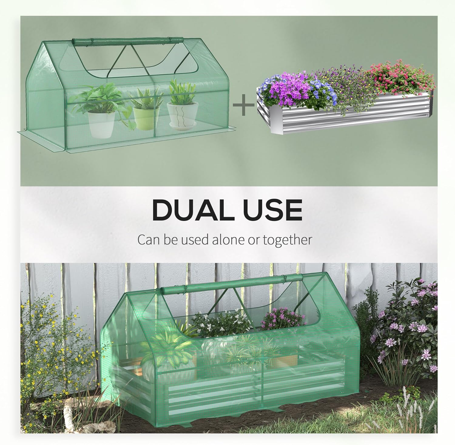 Outsunny Cama de jardín elevada galvanizada de 6 x 3 pies con mini cubierta de invernadero de polietileno, maceta de metal para exteriores con 2