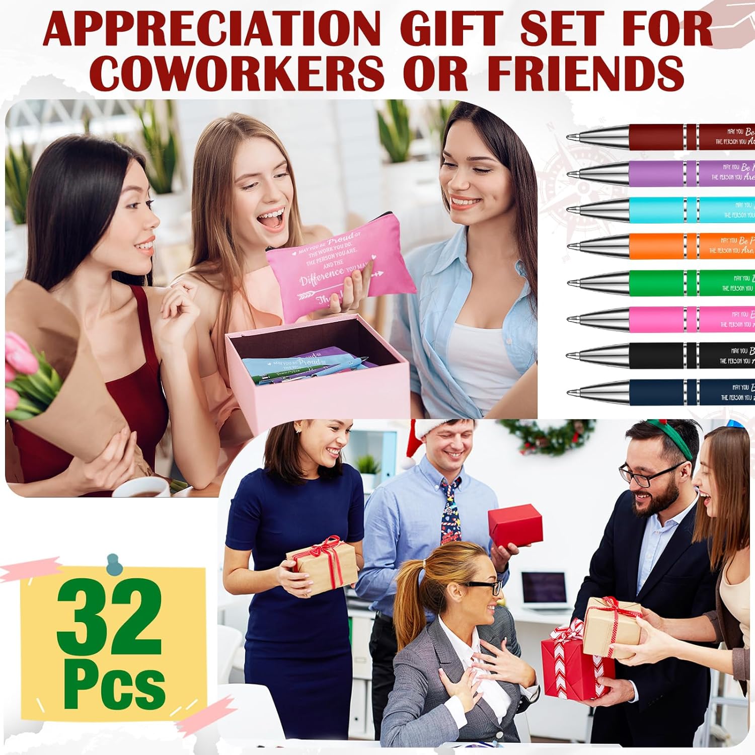 Cholemy 32 bolsas de maquillaje con bolígrafos retráctiles, regalos de agradecimiento para compañeros de trabajo, regalos de agradecimiento con