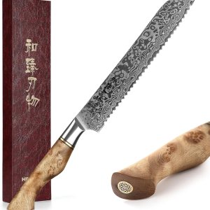 HEZHEN Cuchillo de pan dentado de 8.3 pulgadas, cuchillo de acero de Damasco, cuchillo de cocina de acero de alto carbono, mango de madera y caja de HEZHEN Cuchillo de pan dentado de 8.3 pulgadas, cuchillo de acero de Damasco, cuchillo de cocina de acero de alto carbono, mango de madera y caja de