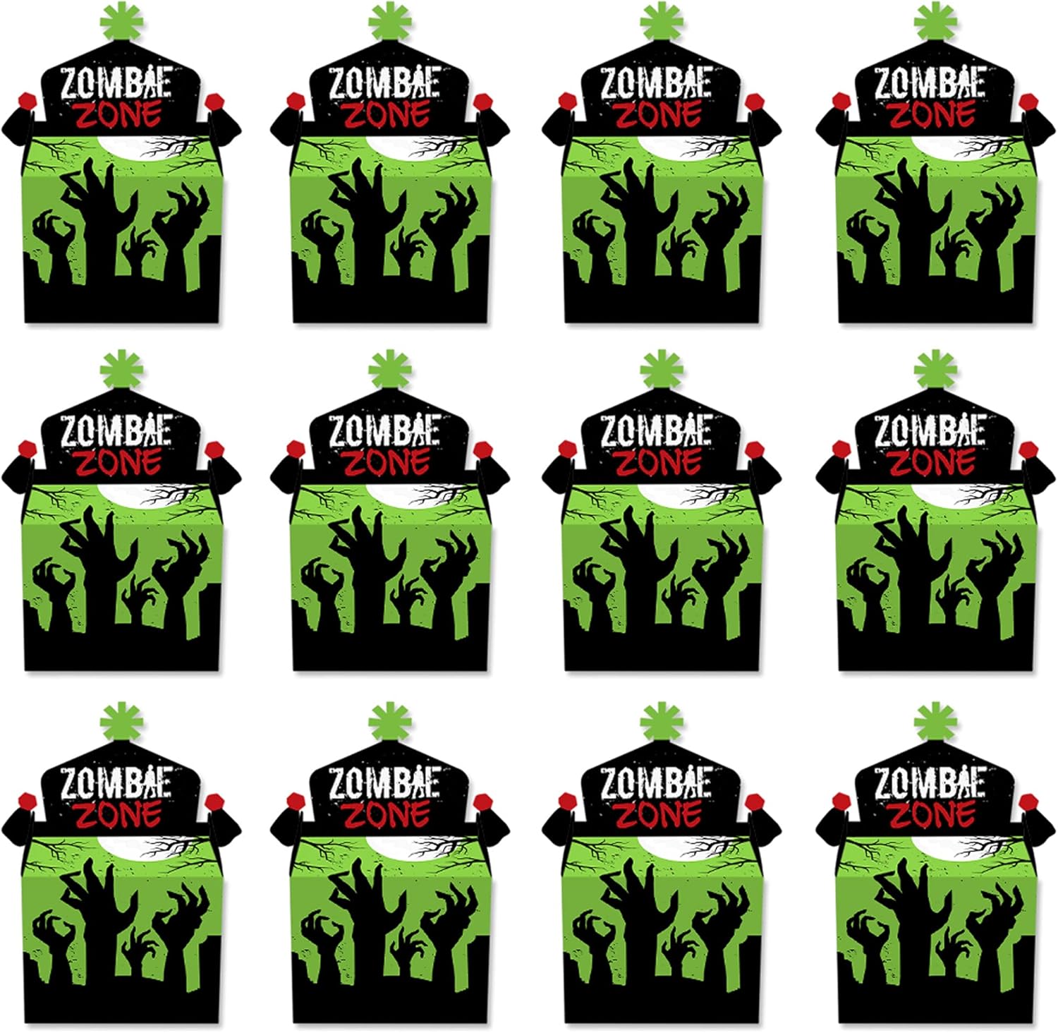 Big Dot of Happiness Zombie Zone – Caja de golosinas para fiestas – Halloween o cumpleaños Zombie Crawl Party Goodie Gable Boxes – Juego de 12