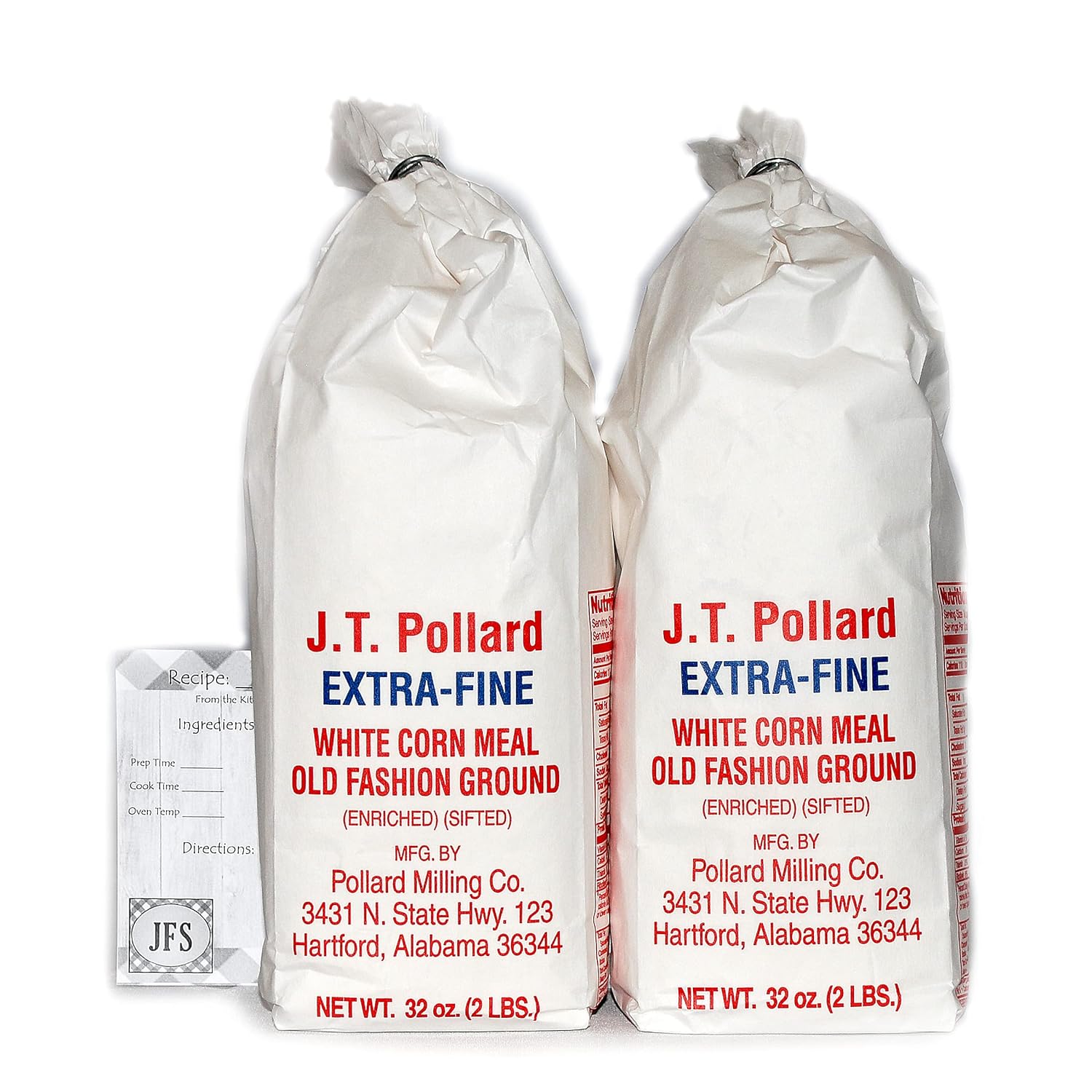 JT Pollard – Paquete de harina de maíz blanca extra fina, 2 bolsas de harina de maíz de 32 onzas con una tarjeta de recetas JFS