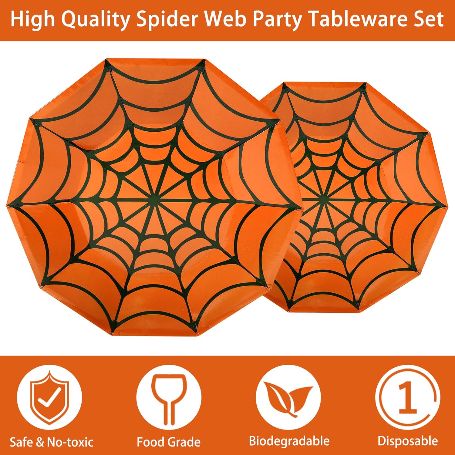 173 piezas de tela de araña de Halloween, suministros de telaraña naranja, juego de vajilla desechable para 24 platos de papel, servilletas, vasos,