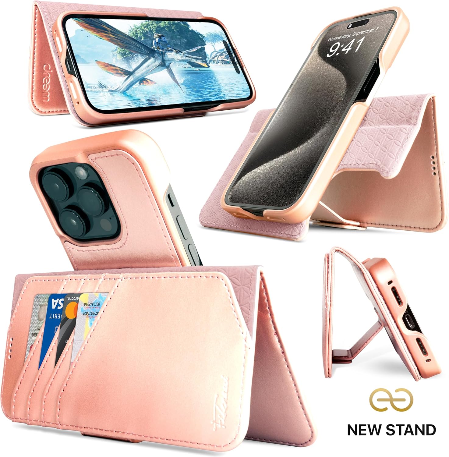 Dreem Fibonacci – Funda tipo cartera para iPhone 15 Pro, 2 en 1, a prueba de golpes, funda MagSafe y desmontable de cuero vegano de lujo con