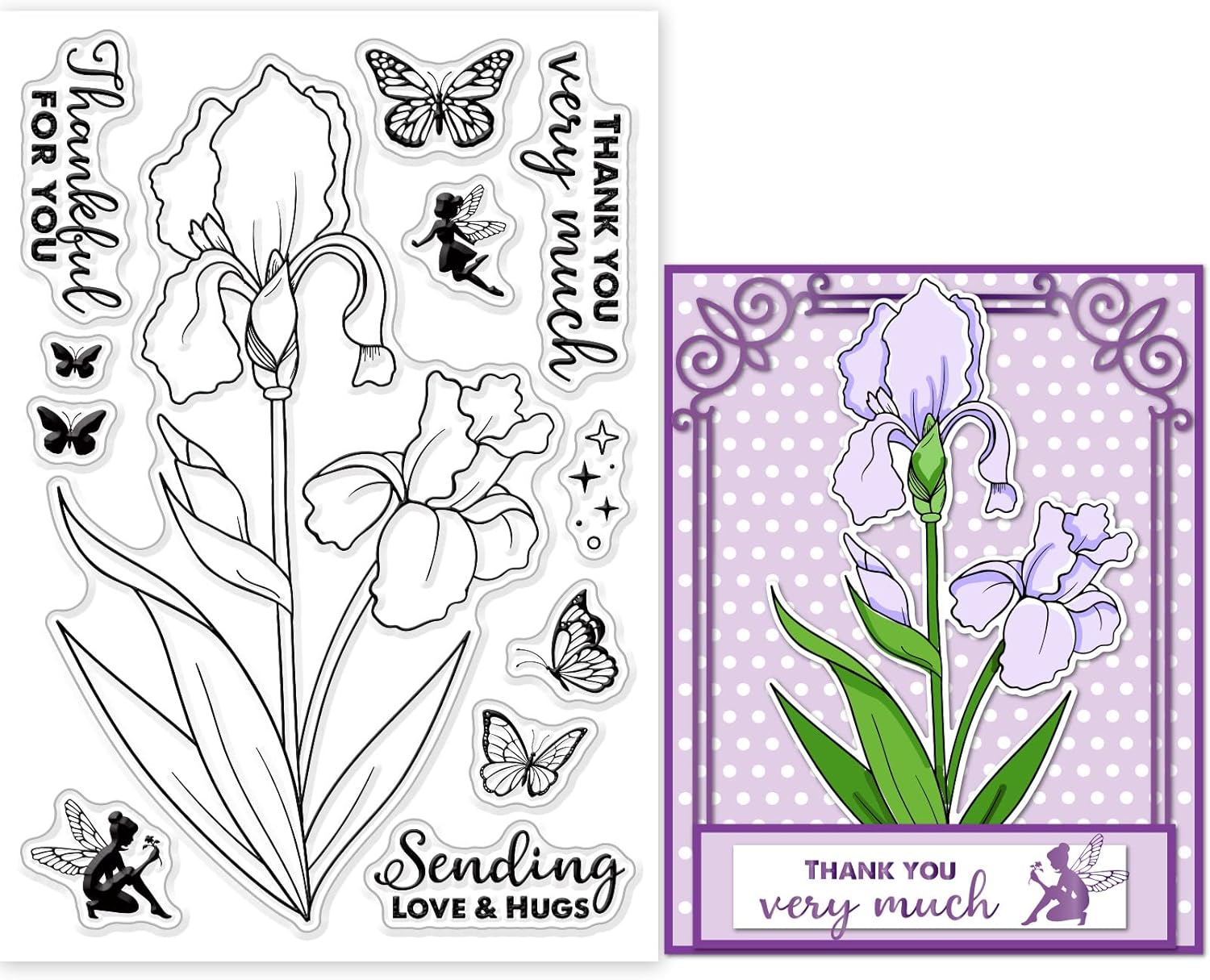 GLOBLELAND Sellos transparentes de flores de iris para manualidades, álbumes de recortes, elfos, mariposa, silicona, sellos transparentes para hacer