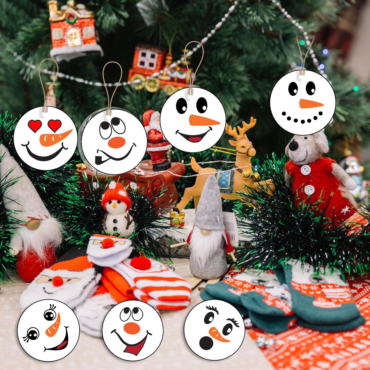 24 piezas de adornos de madera con cara de muñeco de nieve de Navidad, adornos de árbol de Navidad, decoración colgante, cara de muñeco de nieve,