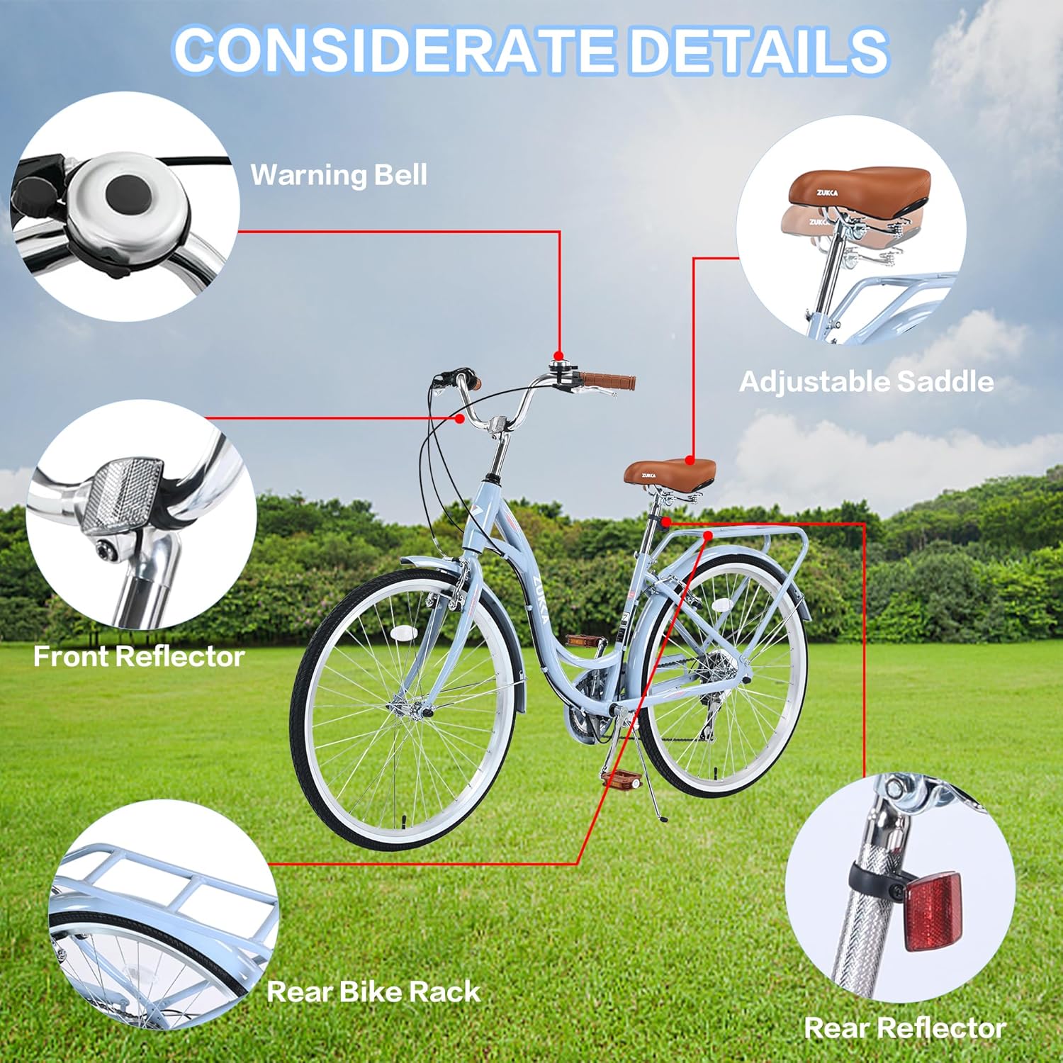 Bicicleta de playa de 26 pulgadas para mujer, bicicleta de viaje de 7 velocidades con asiento ajustable y frenos en V duales