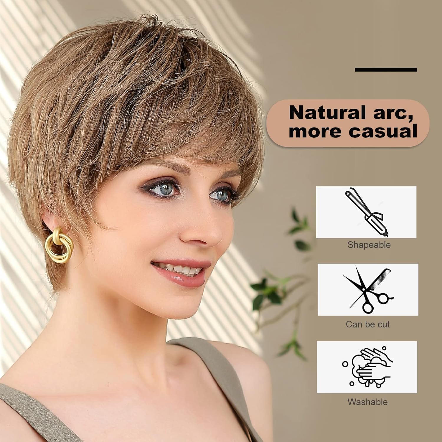 EMMOR Peluca de encaje frontal HD, peluca de cabello humano con flequillo, peluca corta natural en capas, ondulada, diferentes estilos, pelucas