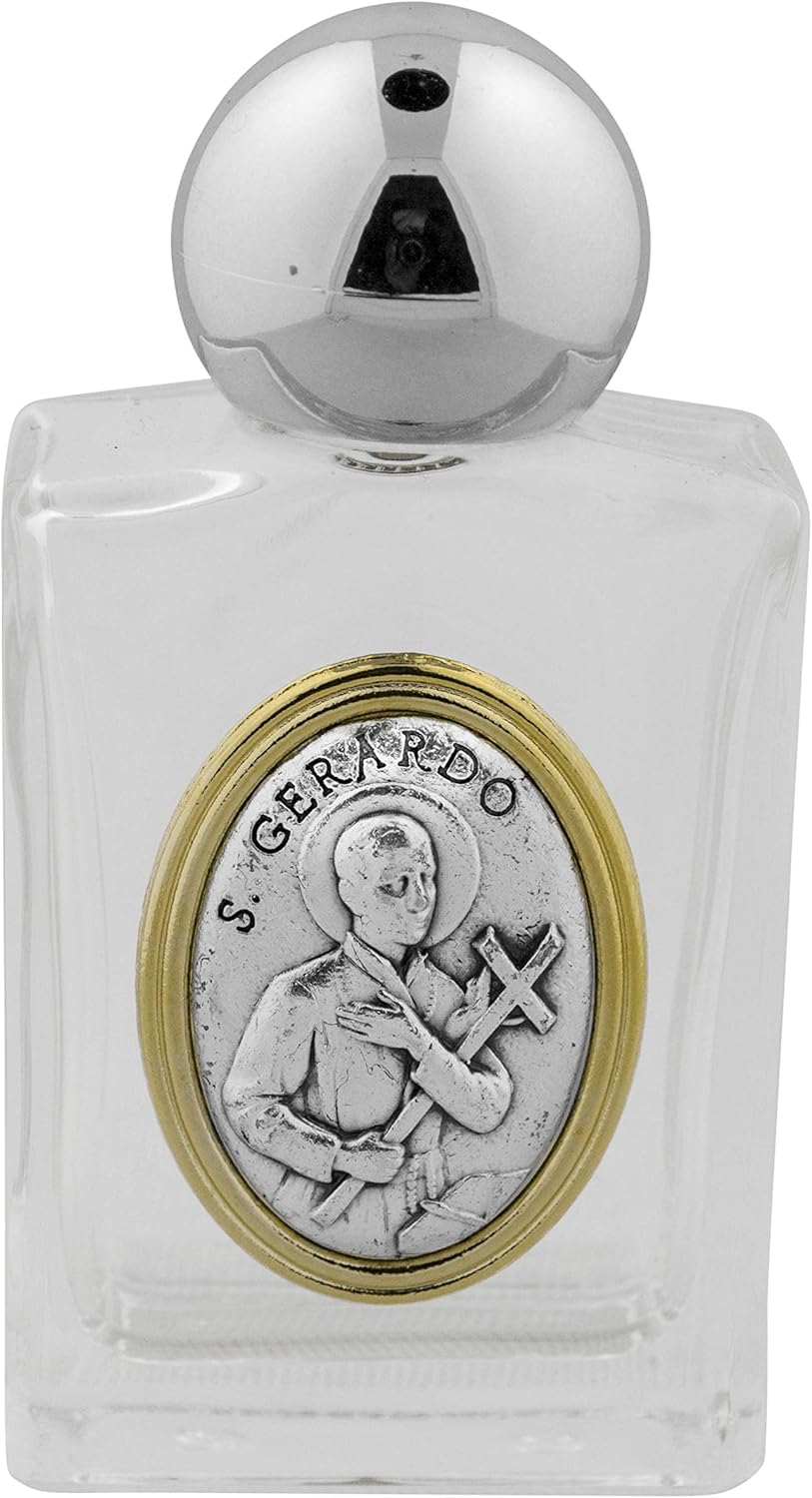 Botella de agua bendita de vidrio con acento dorado (San Gerard)