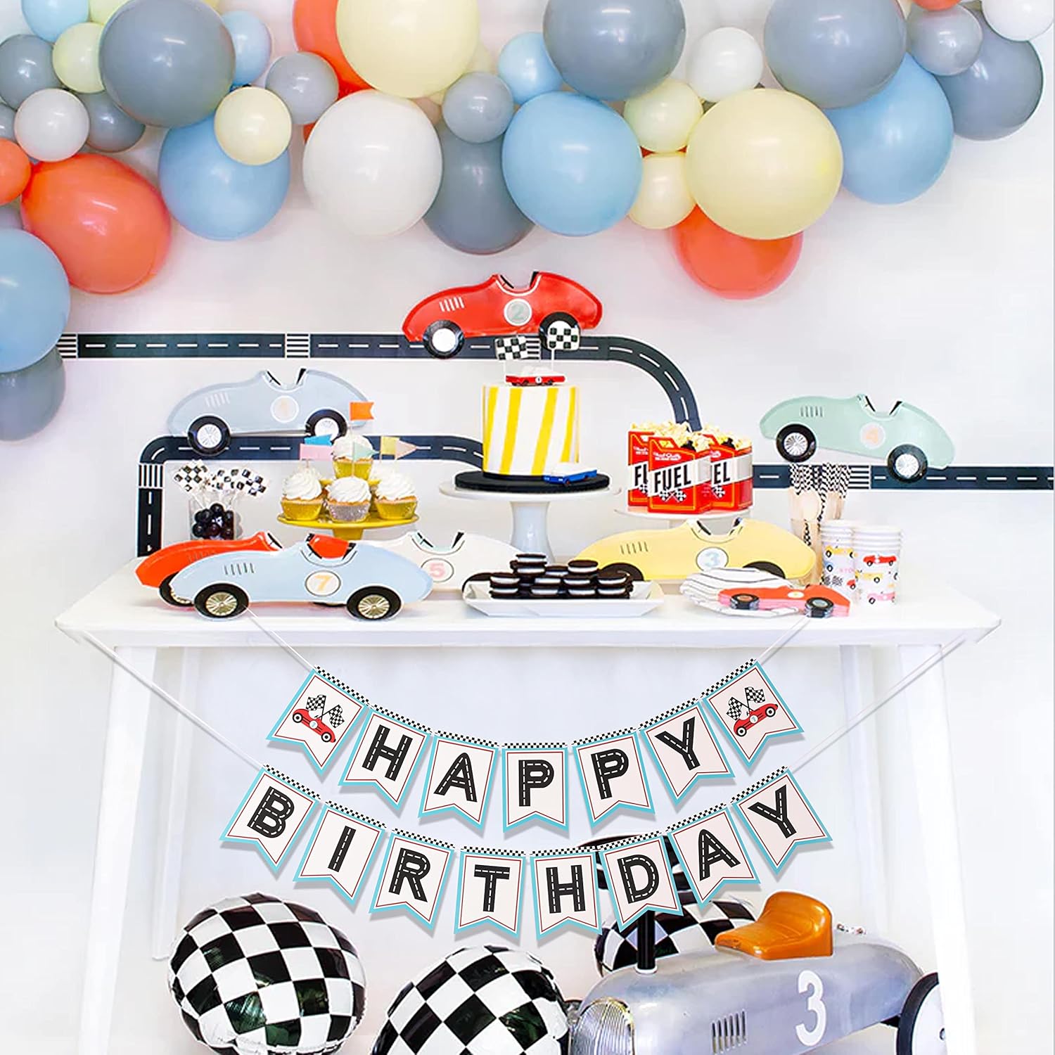 Cartel de feliz cumpleaños de carreras retro – Cartel de feliz cumpleaños, fiesta temática de carreras, decoración de fiesta de carreras.