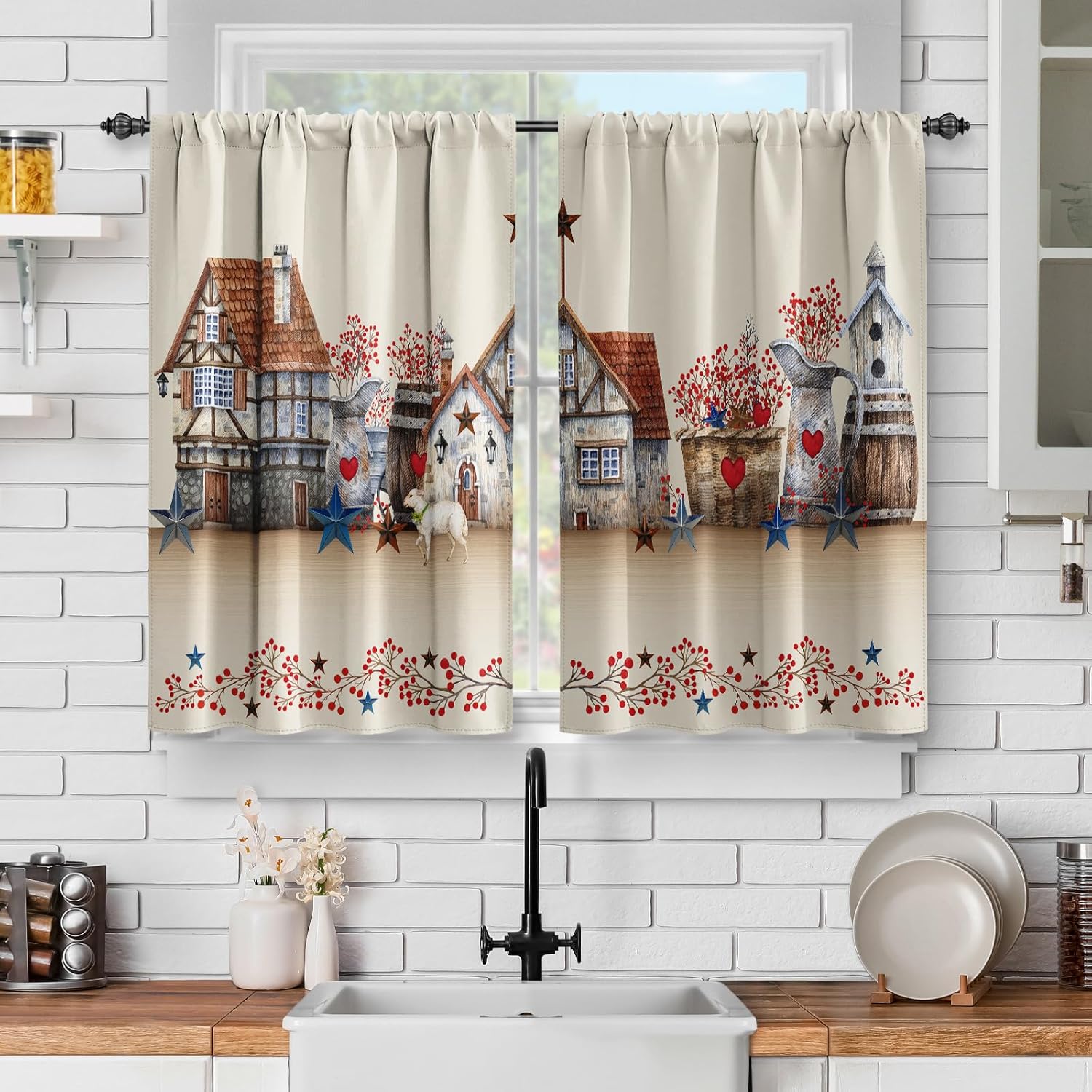 Jekeno Cortinas de cocina retro de granero cortina corta de café con estrella del oeste de Texas Country Star para sala de estar, cortinas de nivel