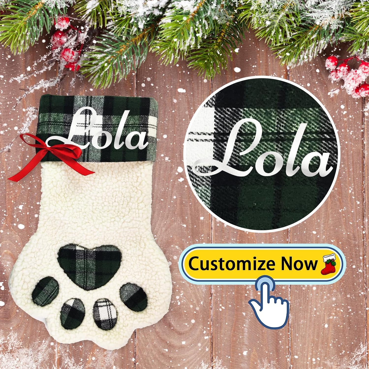 Calcetines de Navidad personalizados para perros, patas de perro con nombre, sherpa sintético blanco con puño a cuadros verdes y detalles de hueso