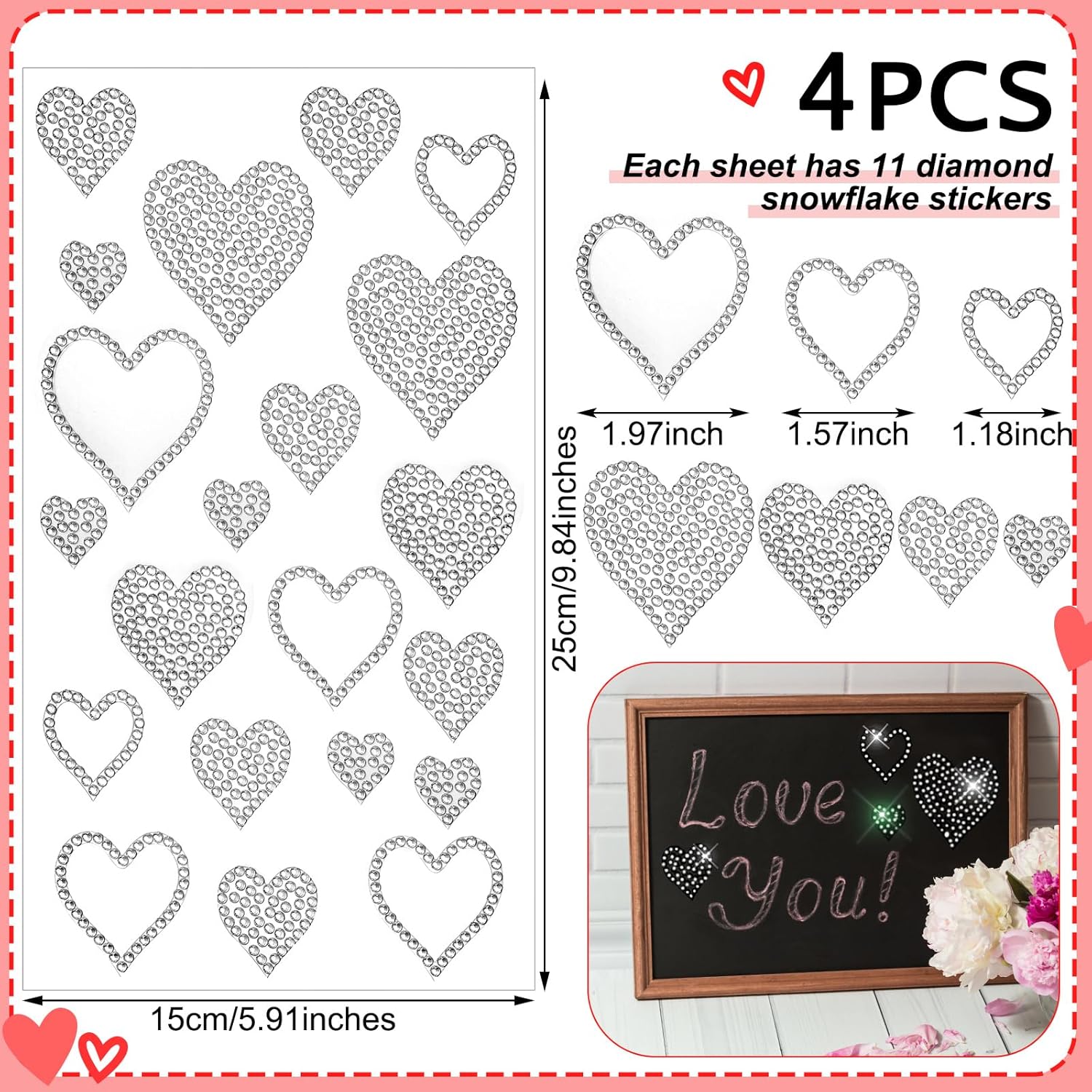4 hojas autoadhesivas de corazón con purpurina y diamantes de imitación para el día de San Valentín, Navidad, decoración de manualidades, ventana de