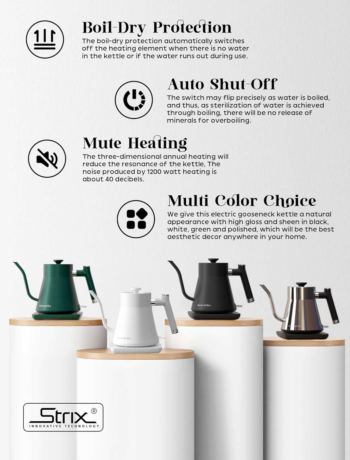 ECORELAX Hervidor eléctrico de cuello de cisne, tetera para café y té, interior 100% de acero inoxidable con diseño a prueba de fugas, calentamiento