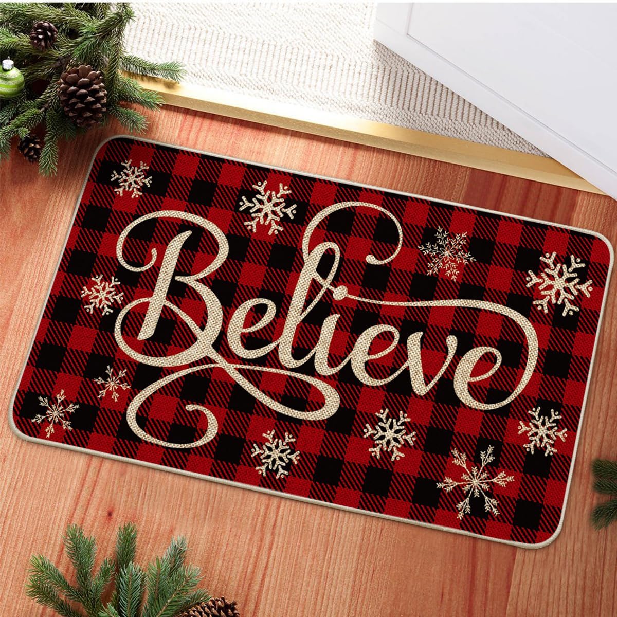 Artoid Mode Buffalo Plaid Snowflake Believe – Felpudo decorativo de bajo perfil, para interiores y exteriores, 17 x 29 pulgadas