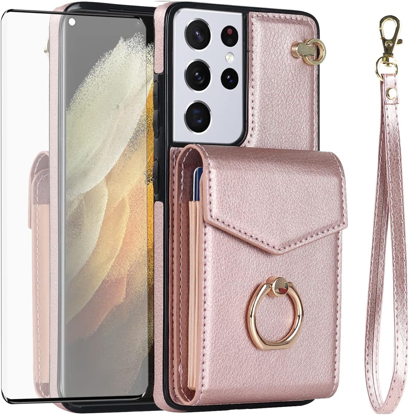 Asuwish Funda de teléfono para Samsung Galaxy S21 Ultra 5G Funda tipo cartera con protector de pantalla de vidrio templado y anillo de bloqueo RFID,