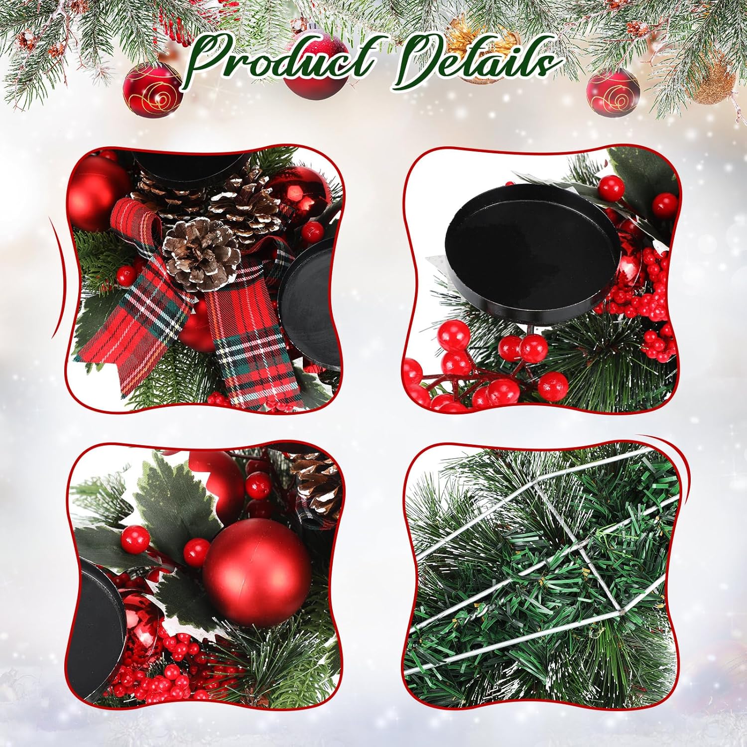 2 piezas de decoración de mesa de Navidad con 6 luces LED artificiales, funciona con pilas, candelabros triples para Navidad, para comedor, cocina,