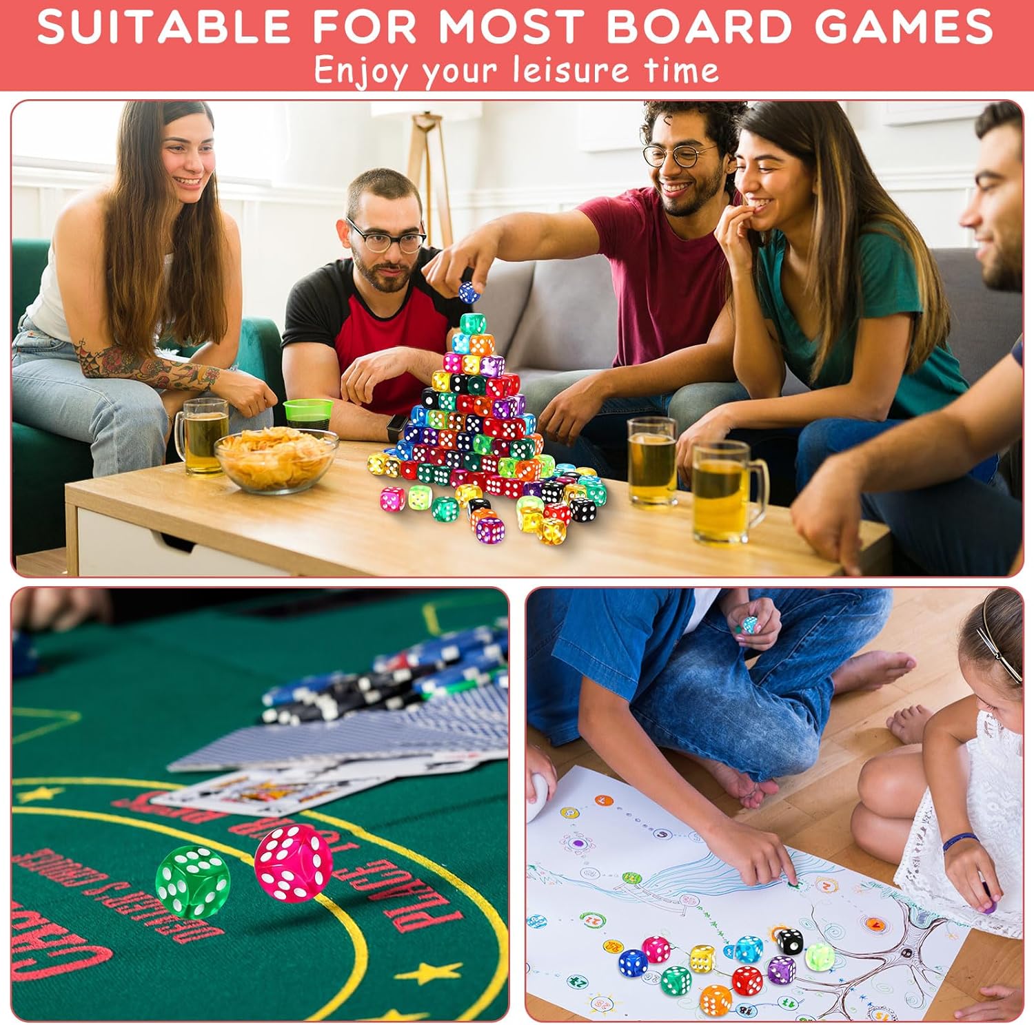 Syhood Juego de 1000 dados de colores de 0.555 pulgadas, 6 caras con 5 bolsas de cordón, dados estándar para juegos de dados, aula, enseñanza de