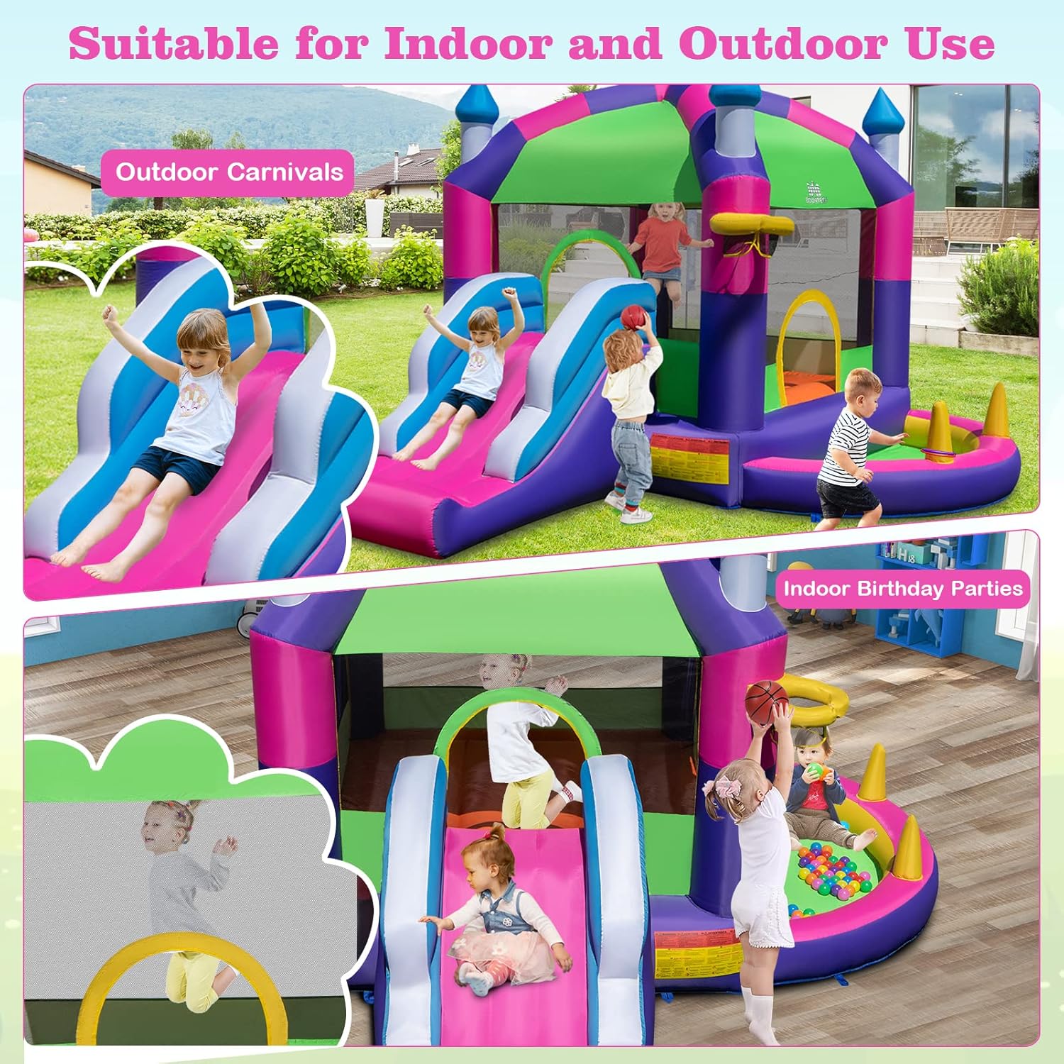 BOUNTECH Casa inflable de rebote con cubierta superior del toldo, casa inflable para niños con tobogán y pozo de pelotas para interiores y
