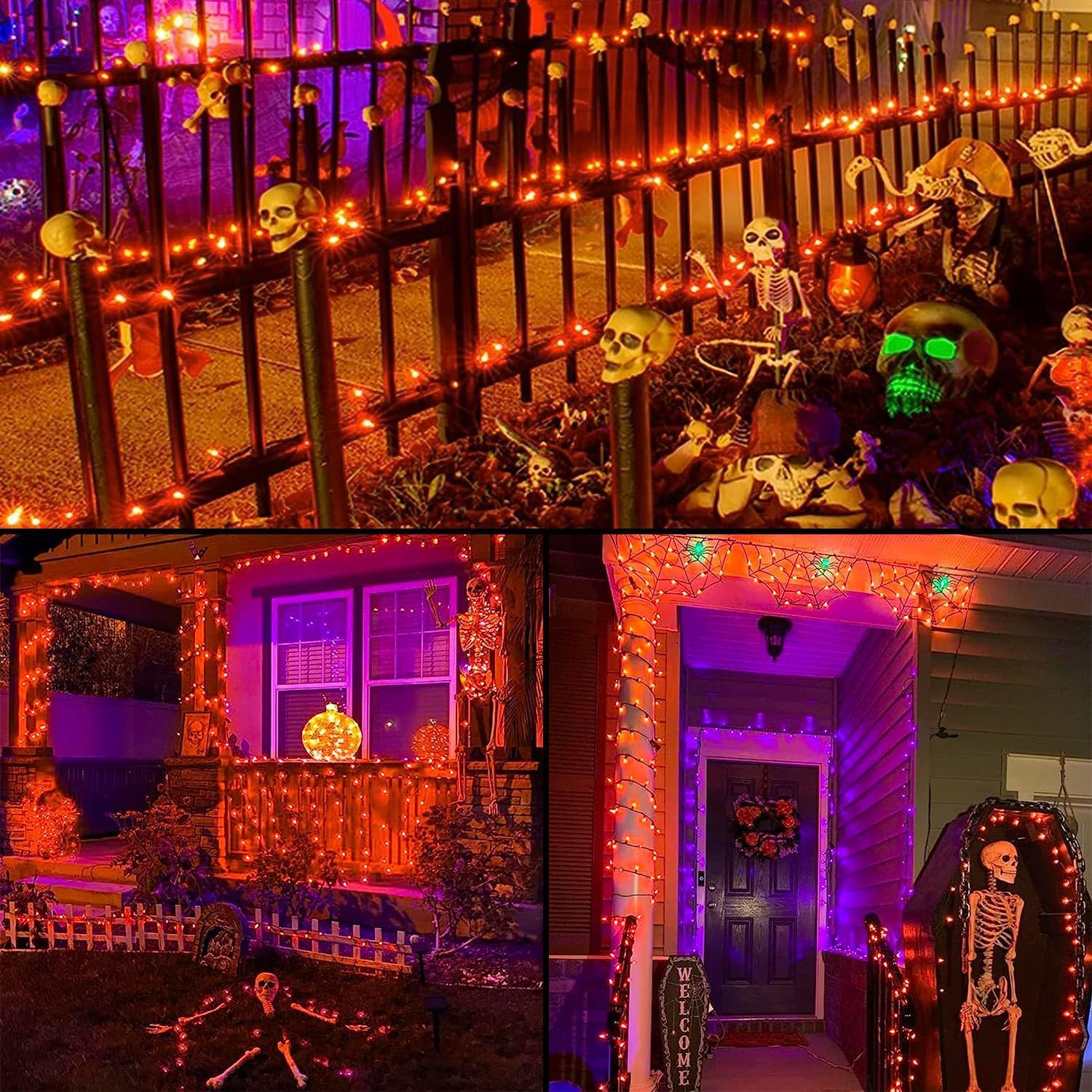 Guirnalda de luces naranjas de Halloween, 200 luces LED de 66 pies, 8 modos, luces de Halloween, con certificación UL, conectables, para el hogar,