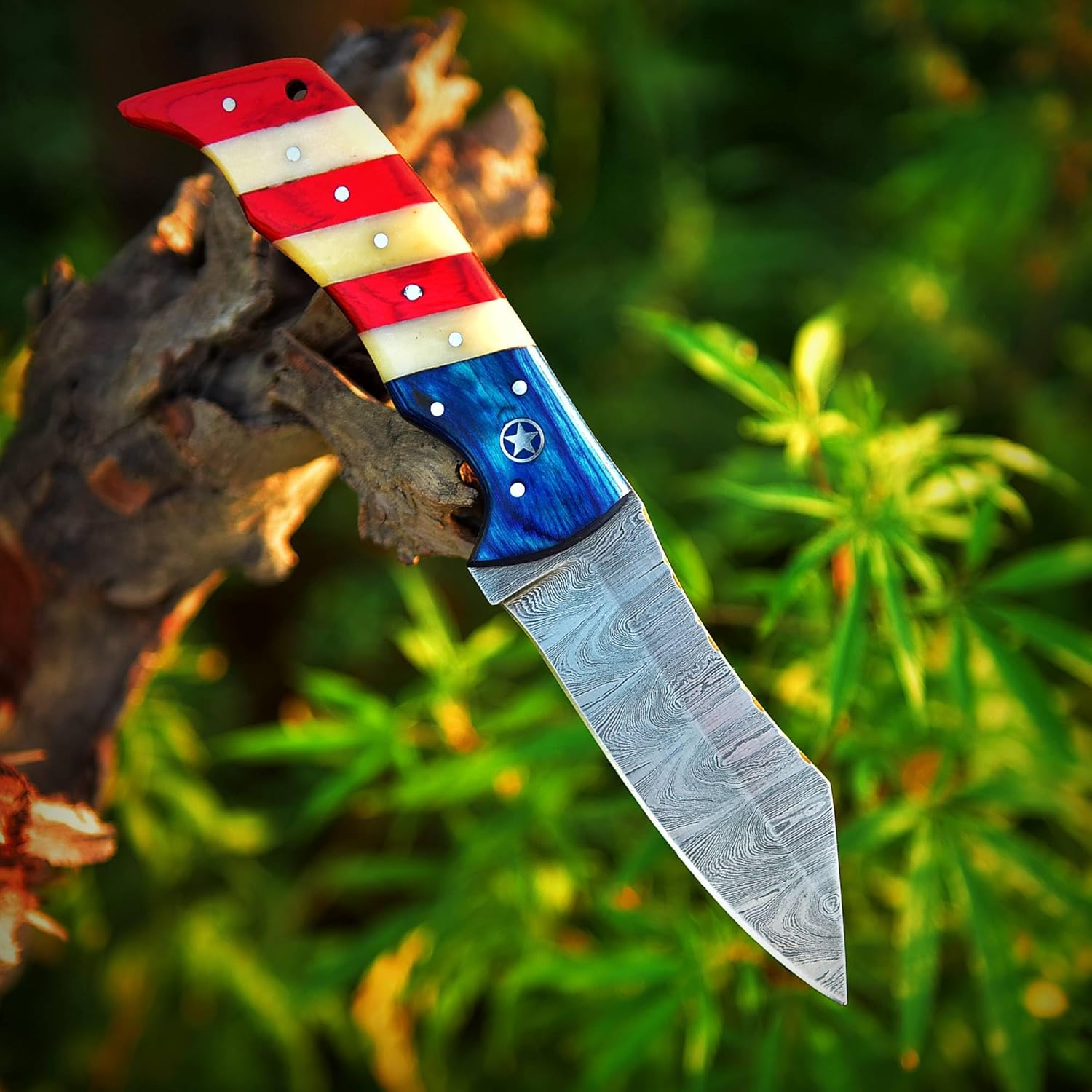Cuchillo de caza de Damasco hecho a mano de 8 pulgadas, cuchillo de caza de hoja fija con funda de cuero, cuchillo de damasco de hoja fija con mango