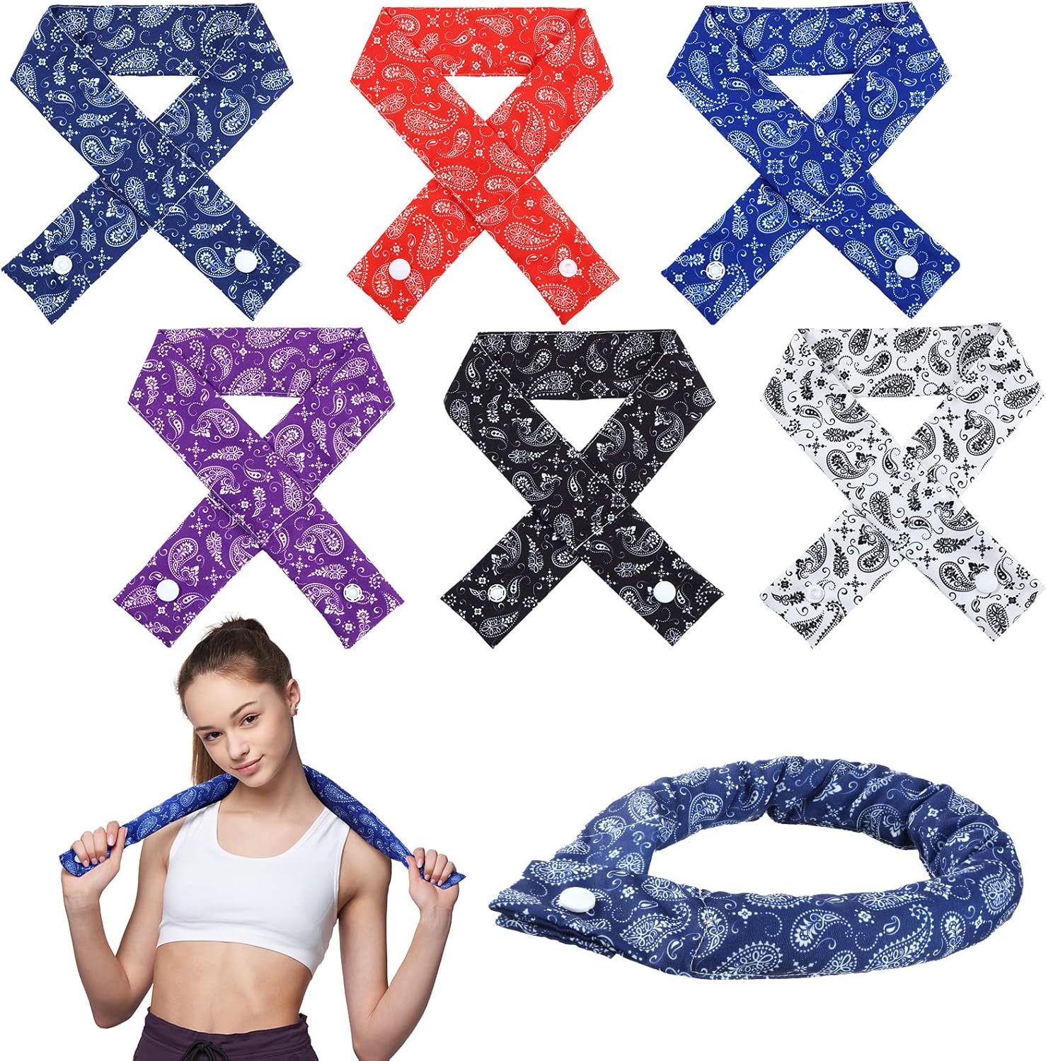 6 unidades de envoltura refrescante para el cuello, bandana refrescante con botón para el cuello, bufanda fría de hielo para mujeres, verano