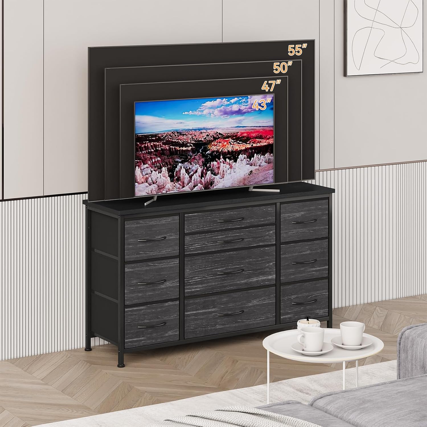 Jojoka Cómoda ancha con 10 cajones grandes para soporte de TV de 55 pulgadas de largo con centro de entretenimiento de toma de corriente, unidad de