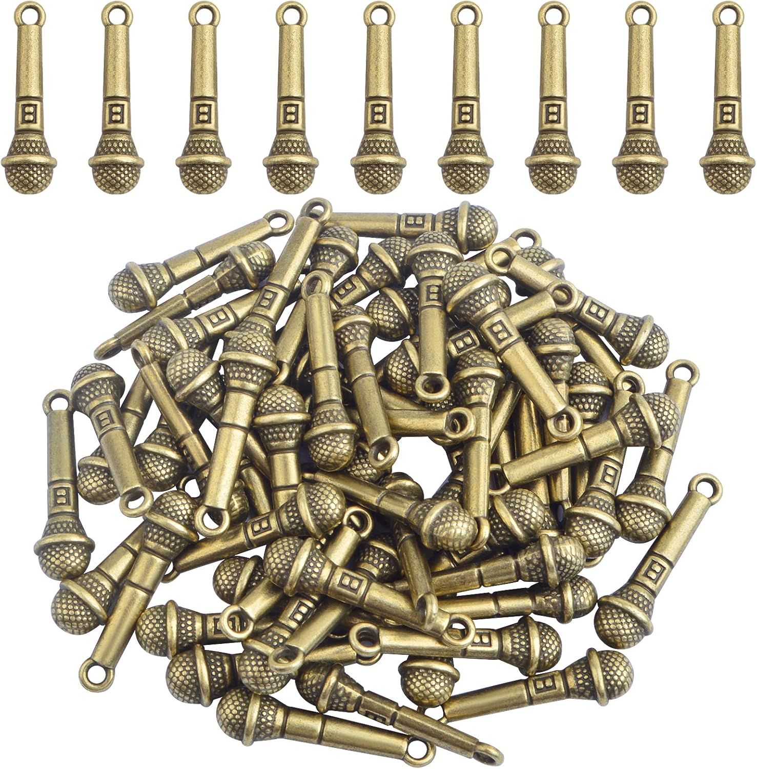 60 dijes de bronce antiguo con forma de micrófono, de aleación vintage, para micrófono, colgantes, suministros de manualidades para collares,
