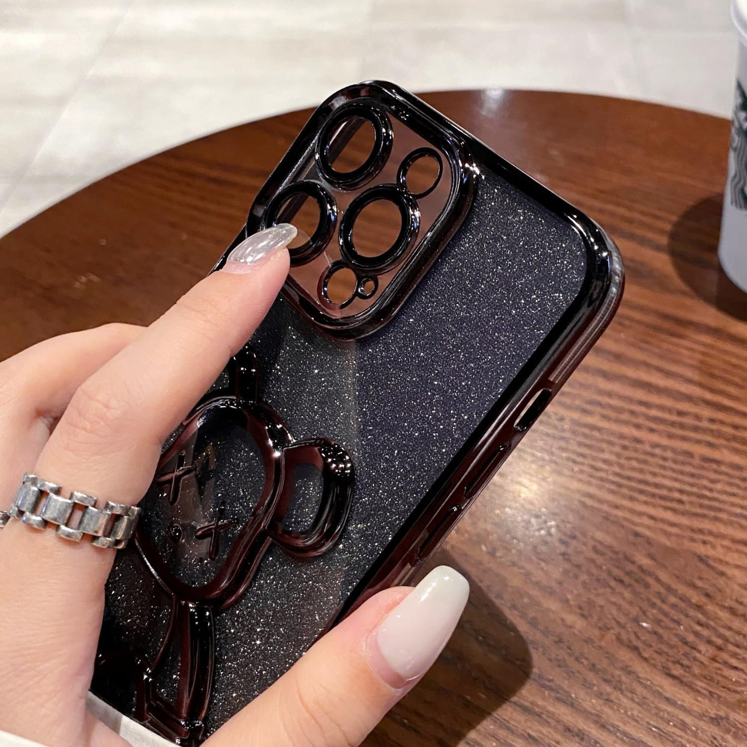 MANLENO Funda galvanizada con diseño de oso 3D para iPhone 15 Pro Max para mujer, funda protectora de cuerpo completo con purpurina flotante y