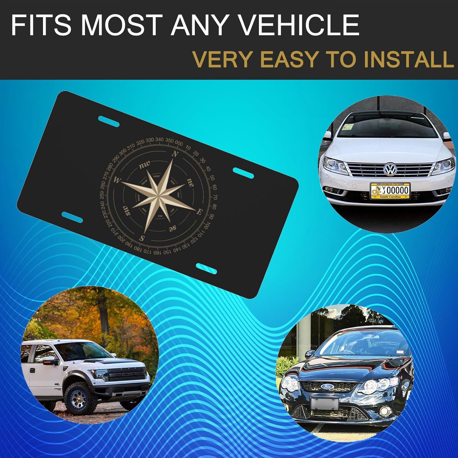 Cubierta de matrícula delantera de automóvil con diseño de rosa brújula, placas decorativas para automóvil de aluminio, placa de metal para tocador,