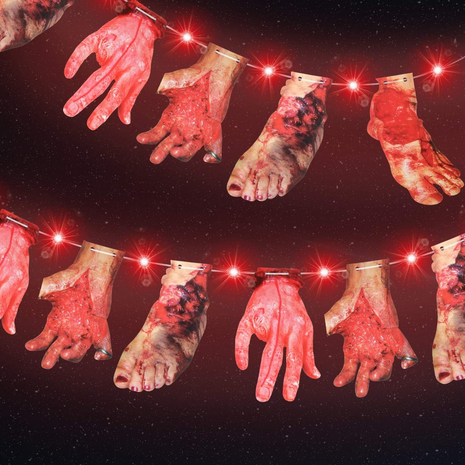 Luces LED rojas de Halloween con manos y pies sangrientos, decoración de tarjetas de cartel colgantes de 9.8 pies, 30 luces LED rojas, 2 modos de